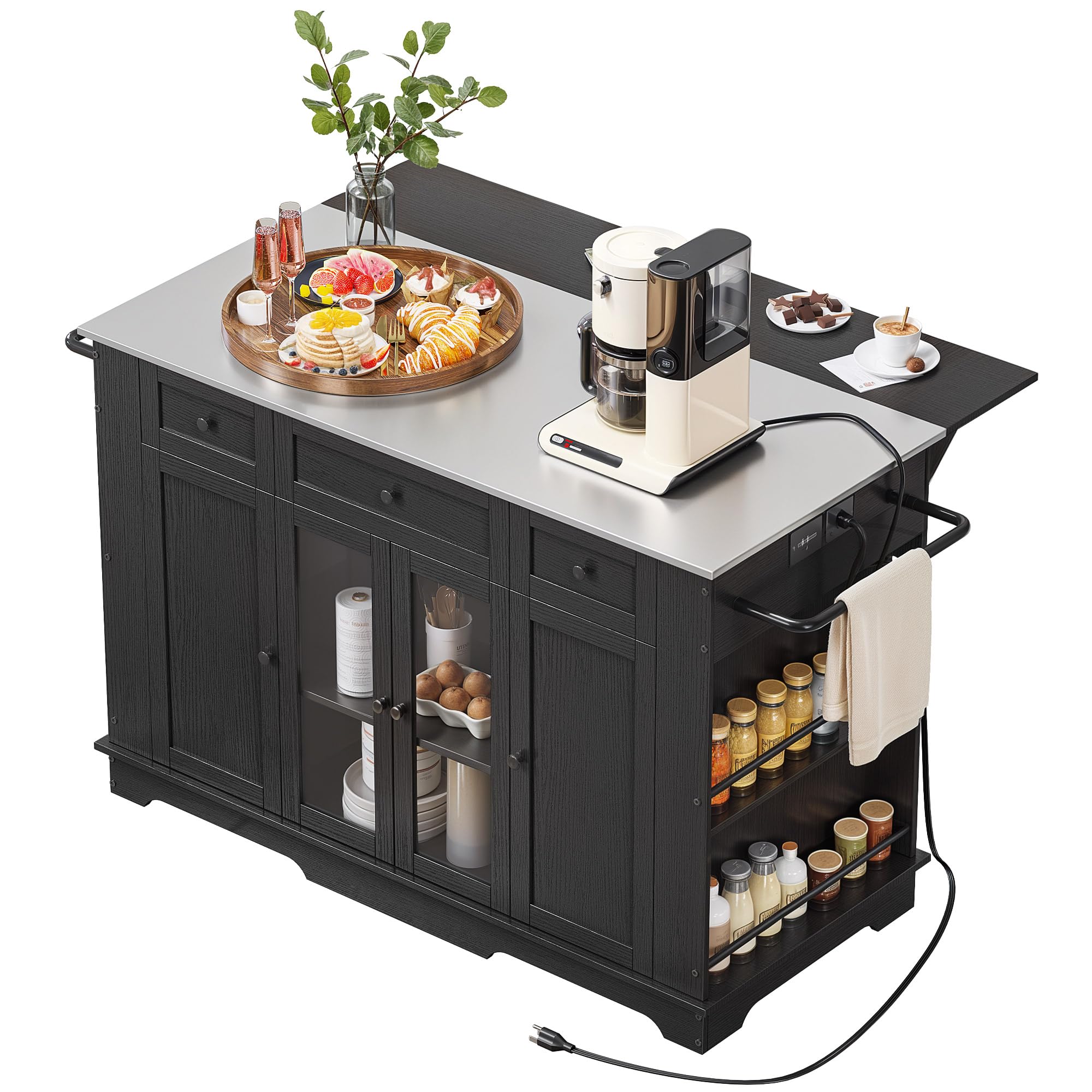 YITAHOME 60 Inch Kitchen Island with Stainless Steel Top & Power Outlet - Mobile Kitchen Cart with Drop Leaf, Storage Drawers & Wheels - Black Metal Countertop Island for Small Spaces & Apartment Cooking - Perfect for Meal Prep, Baking & Extra Counter Space