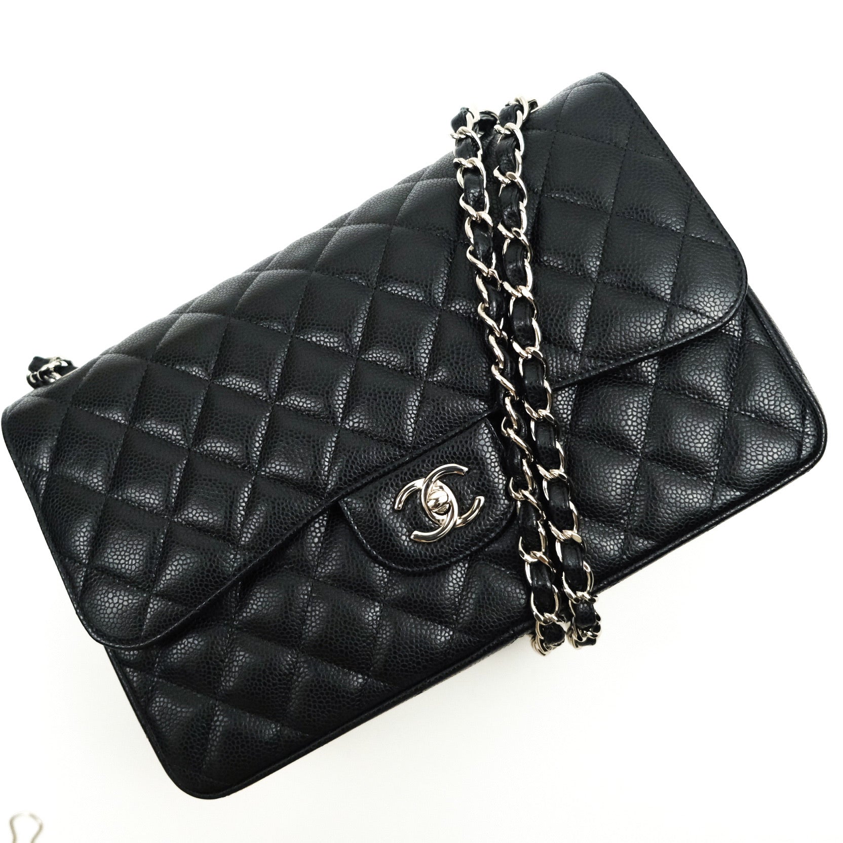 Chanel Classic Jumbo Double Flap Bag Black Quilted Caviar Leather with Silver Hardware - Luxury Designer Handbag for Women, Perfect for Evening Events & Special Occasions