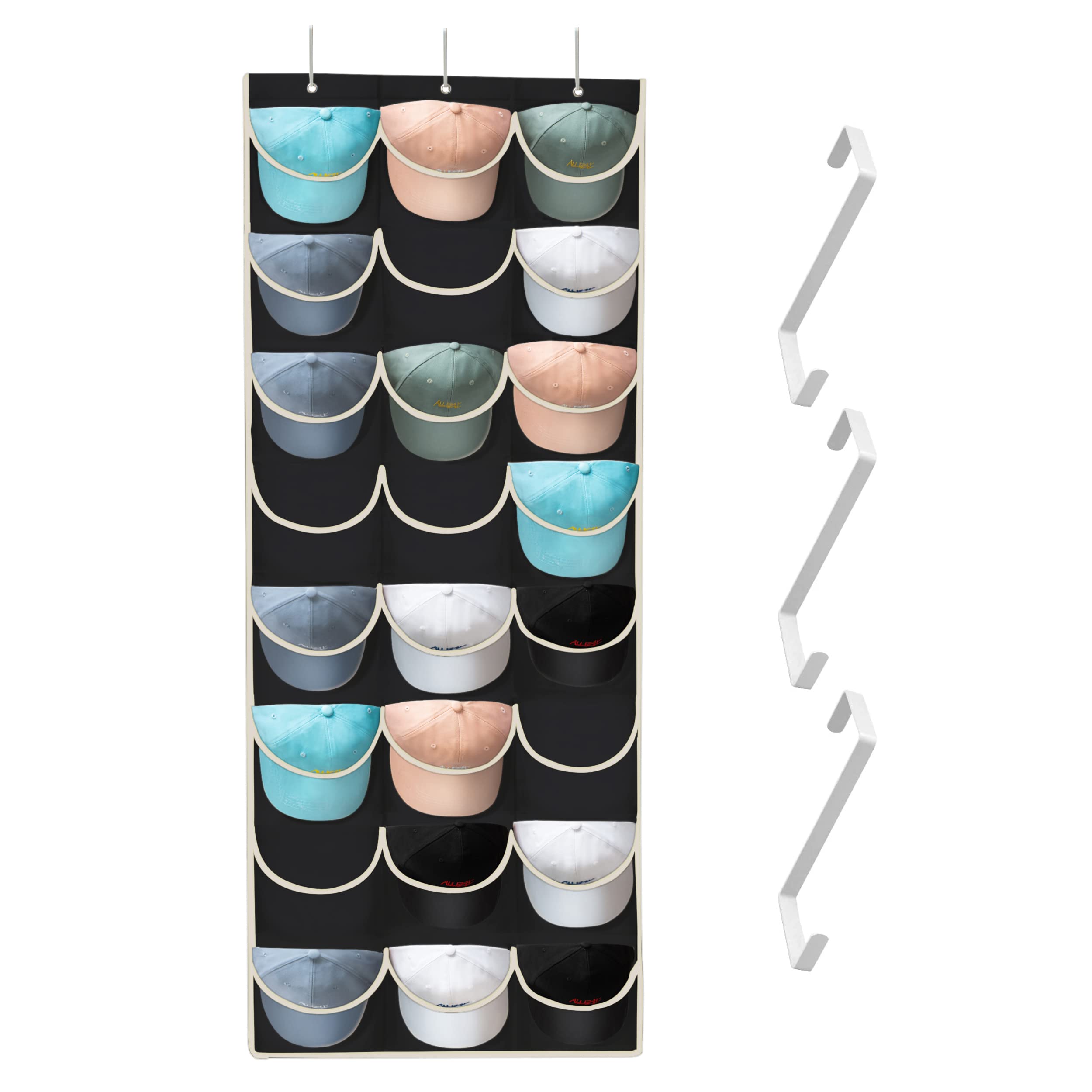 Tidy Zebra Hat Rack - Over Door & Wall Mount Baseball Cap Organizer with 24 Large Clear Pockets | Perfect for Displaying & Storing Hats in Bedroom, Dorm, Closet | Includes Hooks for Extra Storage