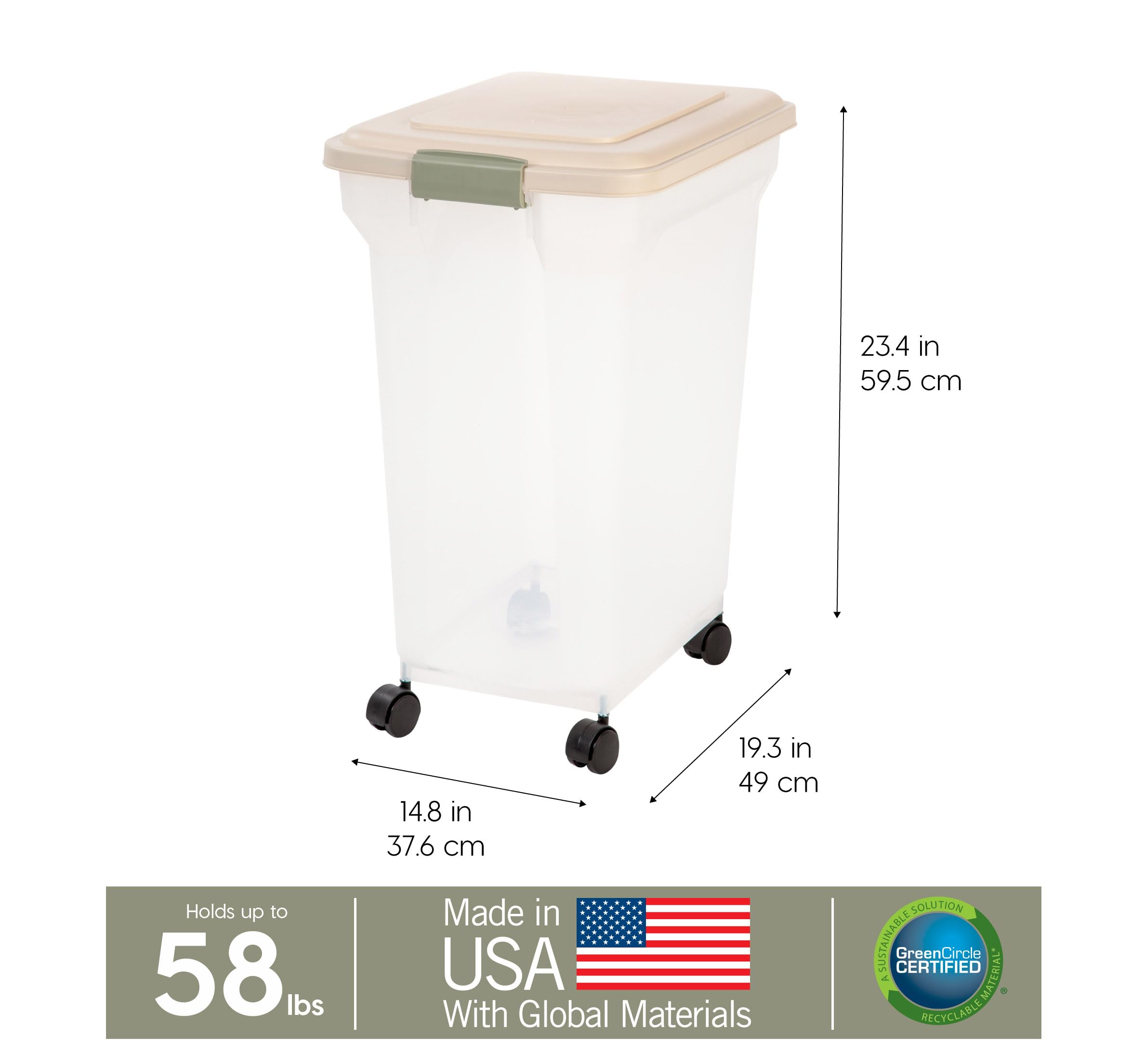 IRIS USA WeatherPro Airtight Pet Food Storage Container - 58 lbs Capacity with Wheels for Easy Mobility | Translucent Design in Clear/Almond | Keep Dog, Cat & Bird Food Fresh | Ideal for Home, Garage or Pet Store Storage