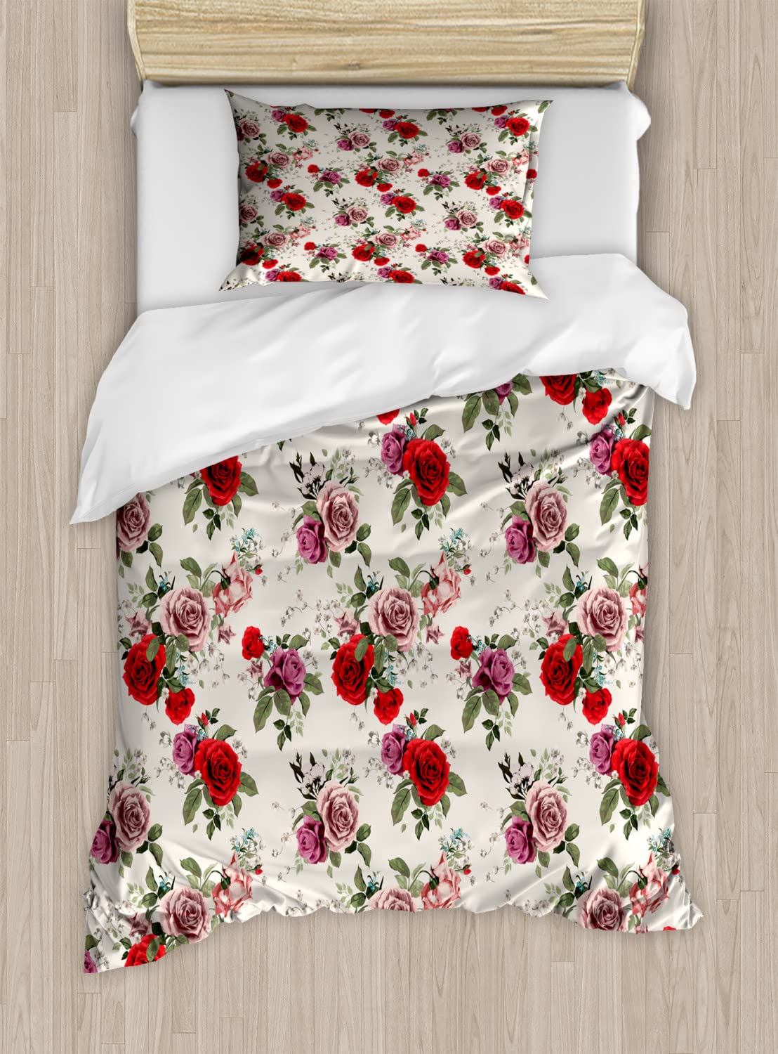 Ambesonne Floral Duvet Cover Set - Shabby Chic Rose & Leaf Pattern Bedding (2 Duvet Covers + 2 Pillowcases) Twin Size in Forest Green & Lilac - Perfect for Spring Decor, Romantic Bedroom & Valentine's Day Gift