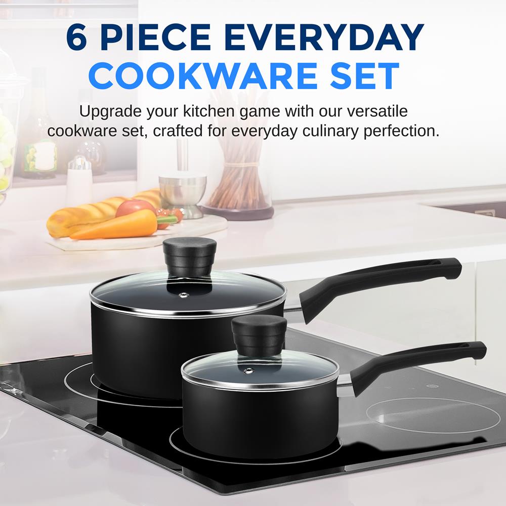 Premium 6-Piece Nonstick Cookware Set for Home Kitchen - Black (SCLW6BLK) - Perfect for Frying, Sautéing, and Everyday Cooking
