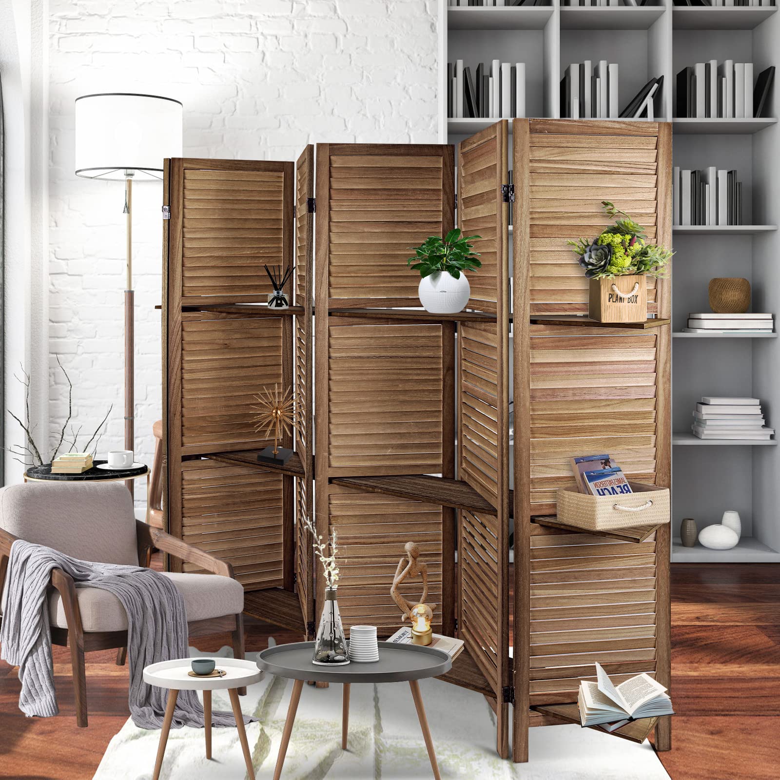 ECOMEX 5.6Ft Wooden Room Divider with Shelves - Fully Assembled Folding Privacy Screen for Bedroom, Office & Living Room - Dark Brown Home Decor Partition