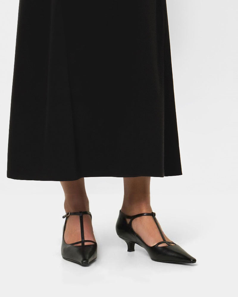 Black Leather T-Strap Kitten Heels - Women's Classic Pointed Toe Low Heel Pumps for Office, Wedding & Evening Wear