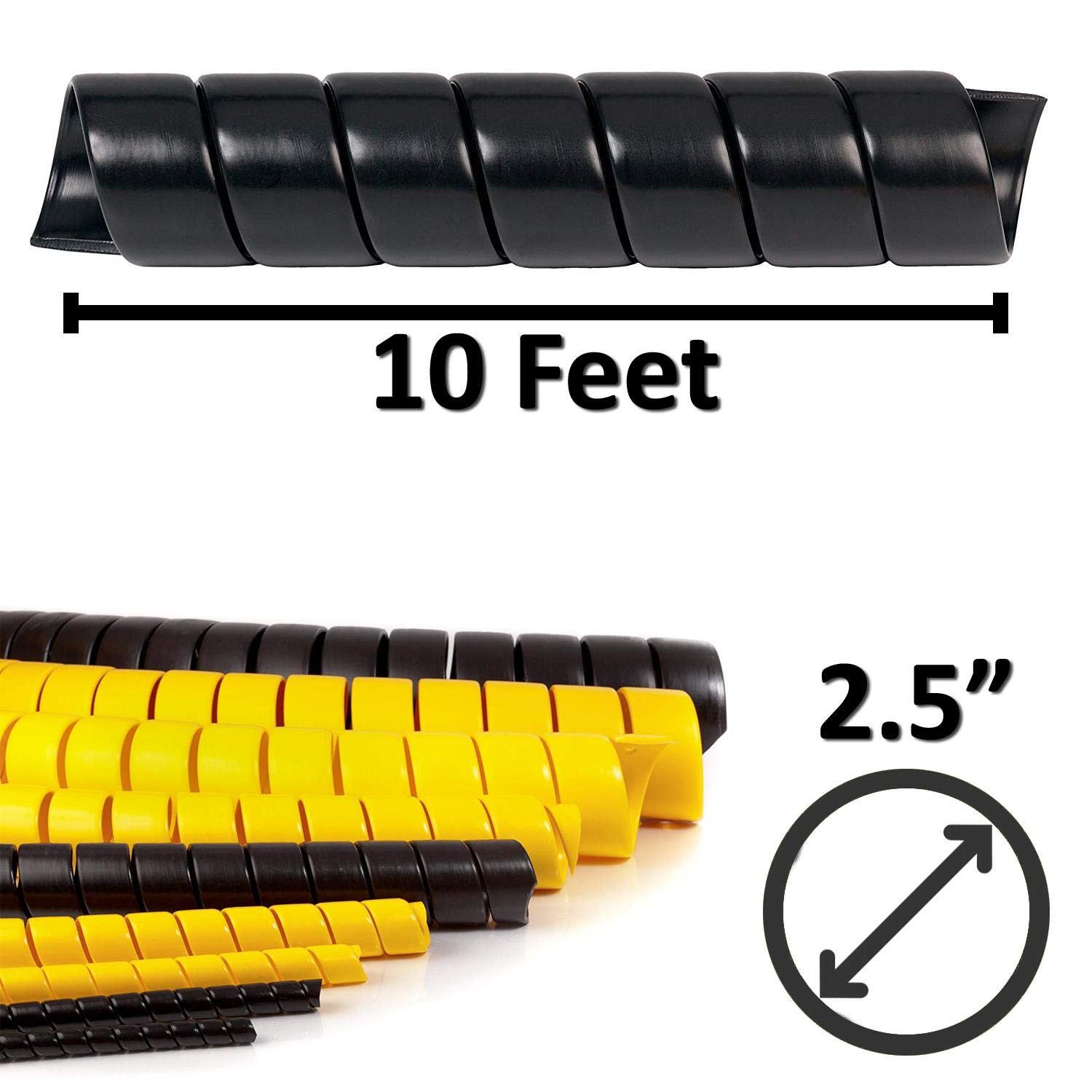 Heavy Duty 2.5 Inch HDPE Spiral Cable Sleeve - Flexible Plastic Wire Protector (10ft, Black) for Automotive, Home & Office Cable Management