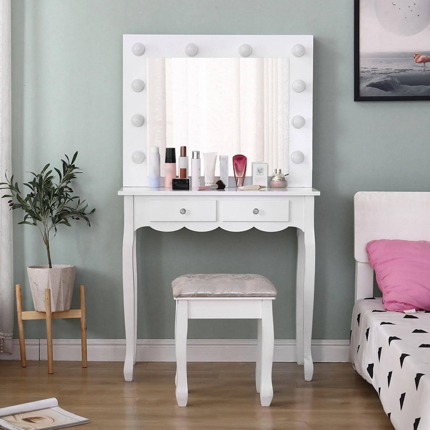 Vanity Table Set with 10-Light LED Mirror, Makeup Vanity Desk with 2 Drawers & Stool - White Dressing Table for Bedroom | Perfect for Makeup Application, Skincare Routine & Home Decor