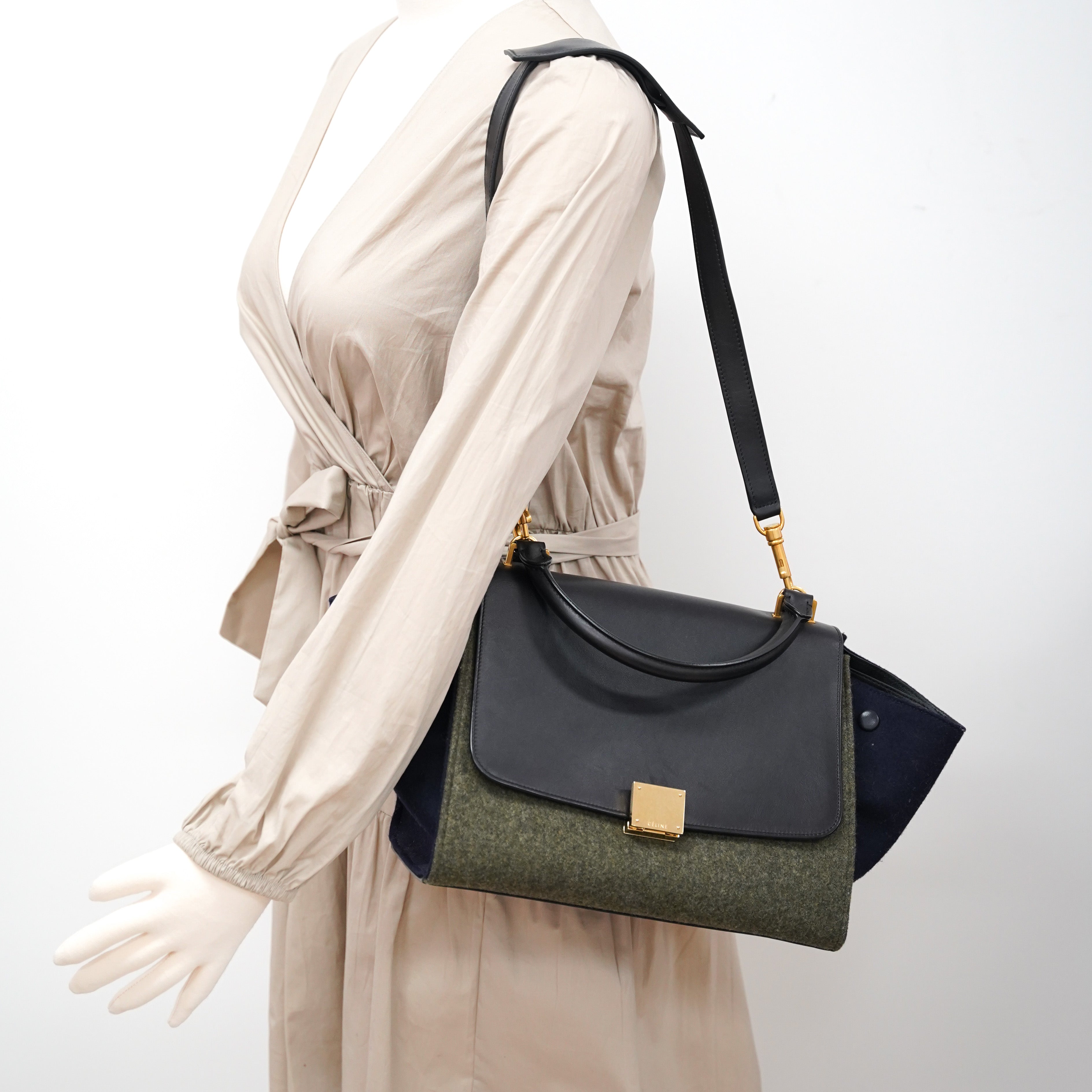 Celine Trapeze Khaki and Navy Leather Crossbody Bag for Women | Luxury Designer Handbag for Work, Travel & Everyday Use