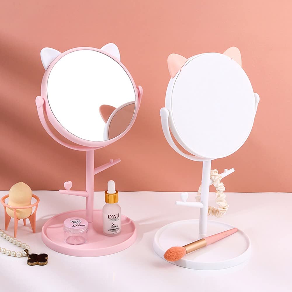 Cute Cat Ears Vanity Mirror - Folding Desk Mirror for Makeup & Freestanding Use | Pastel Pink Cosmetic Mirror for Bedroom, Bathroom & Dressing Table | Portable Compact Mirror with Adjustable Angle