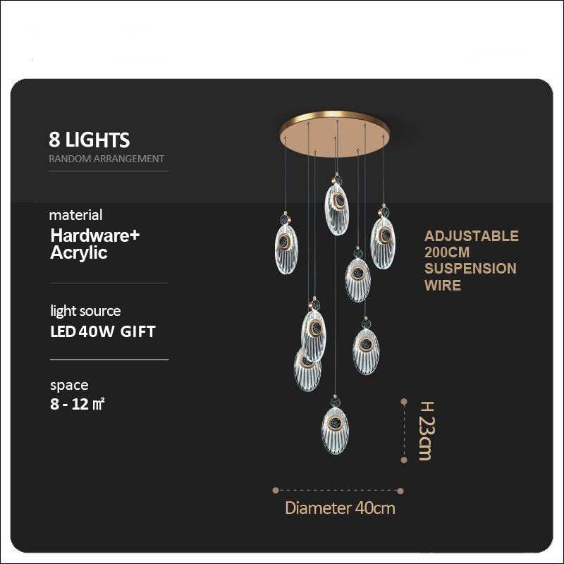 Elegant Crystal Shell Staircase Chandelier - Modern Luxury Ceiling Light Fixture for Living Room, Dining Room, Foyer & Stairwell Decoration