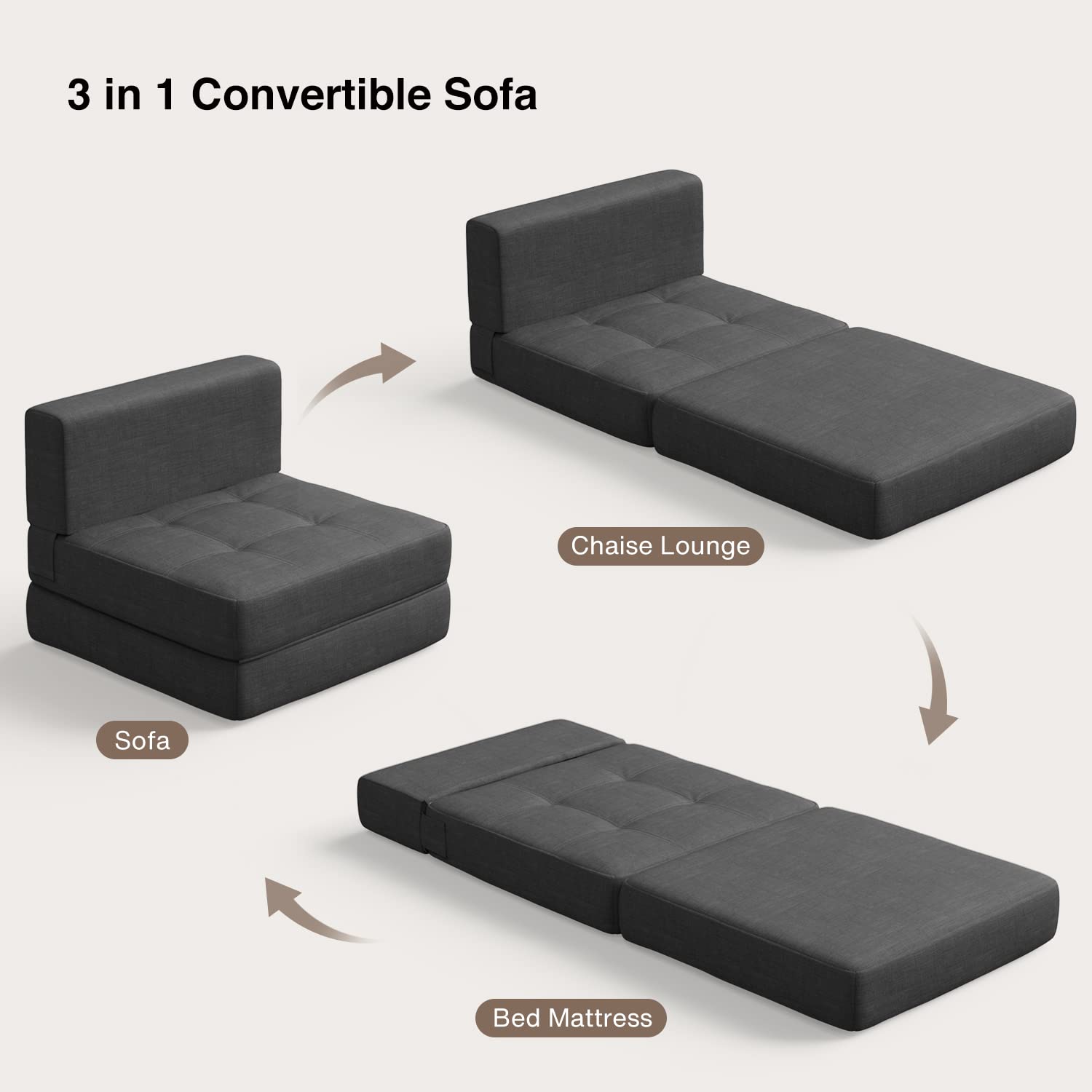 Aiho Convertible Sleeper Sofa Bed with Memory Foam - Modern Linen Fabric Futon Couch with Removable Cover - Space Saving Sofa Bed for Small Apartments, Living Rooms & Lofts - Dark Grey - Perfect for Guest Rooms, Home Offices & Studio Apartments