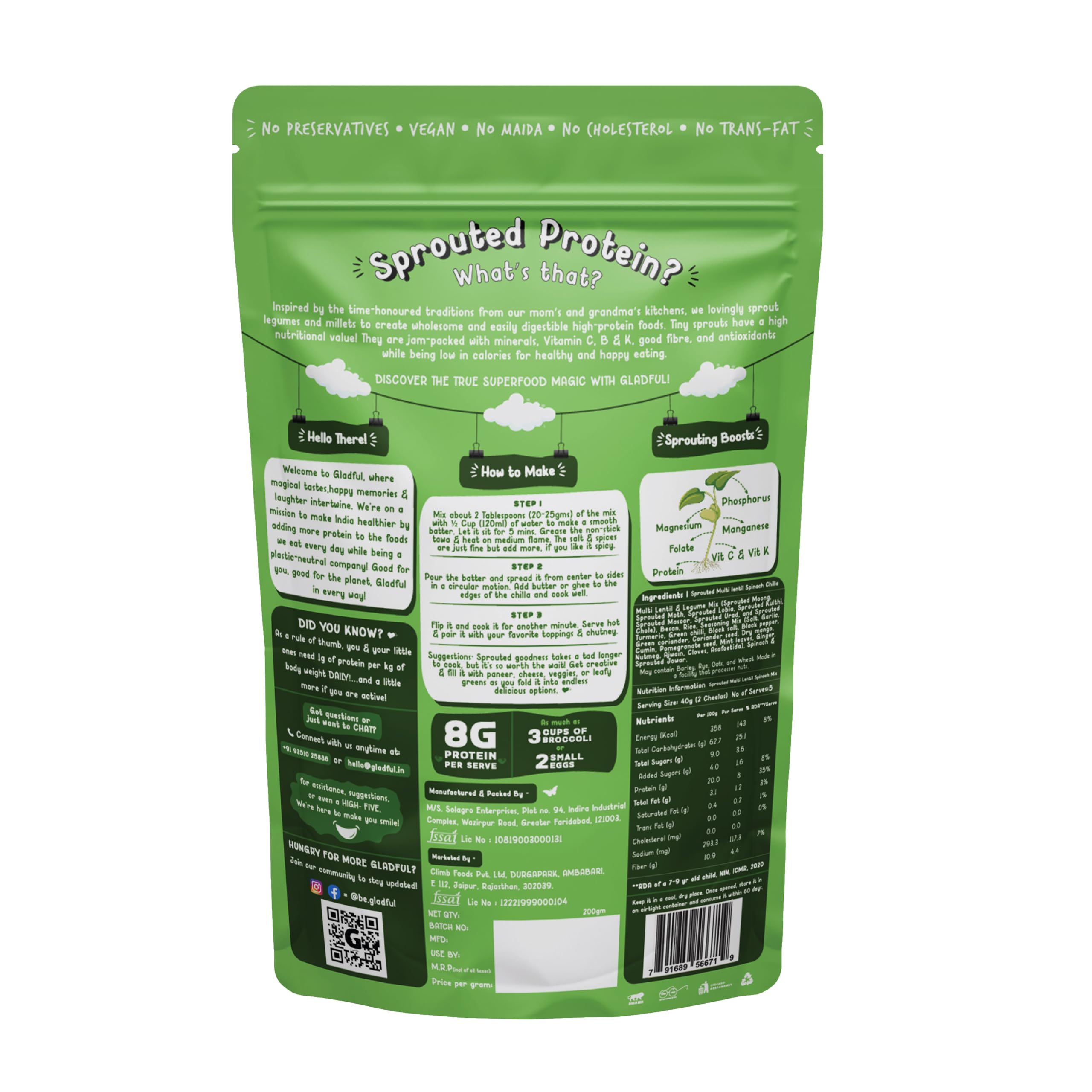 Gladful Protein Sprouted Lentils & Millets Instant Chilla Dosa Mix - 200g (Pack of 2) | High Protein & Fiber Rich Healthy Food for Kids & Families | Perfect for Breakfast, Snacks & Indian Cuisine