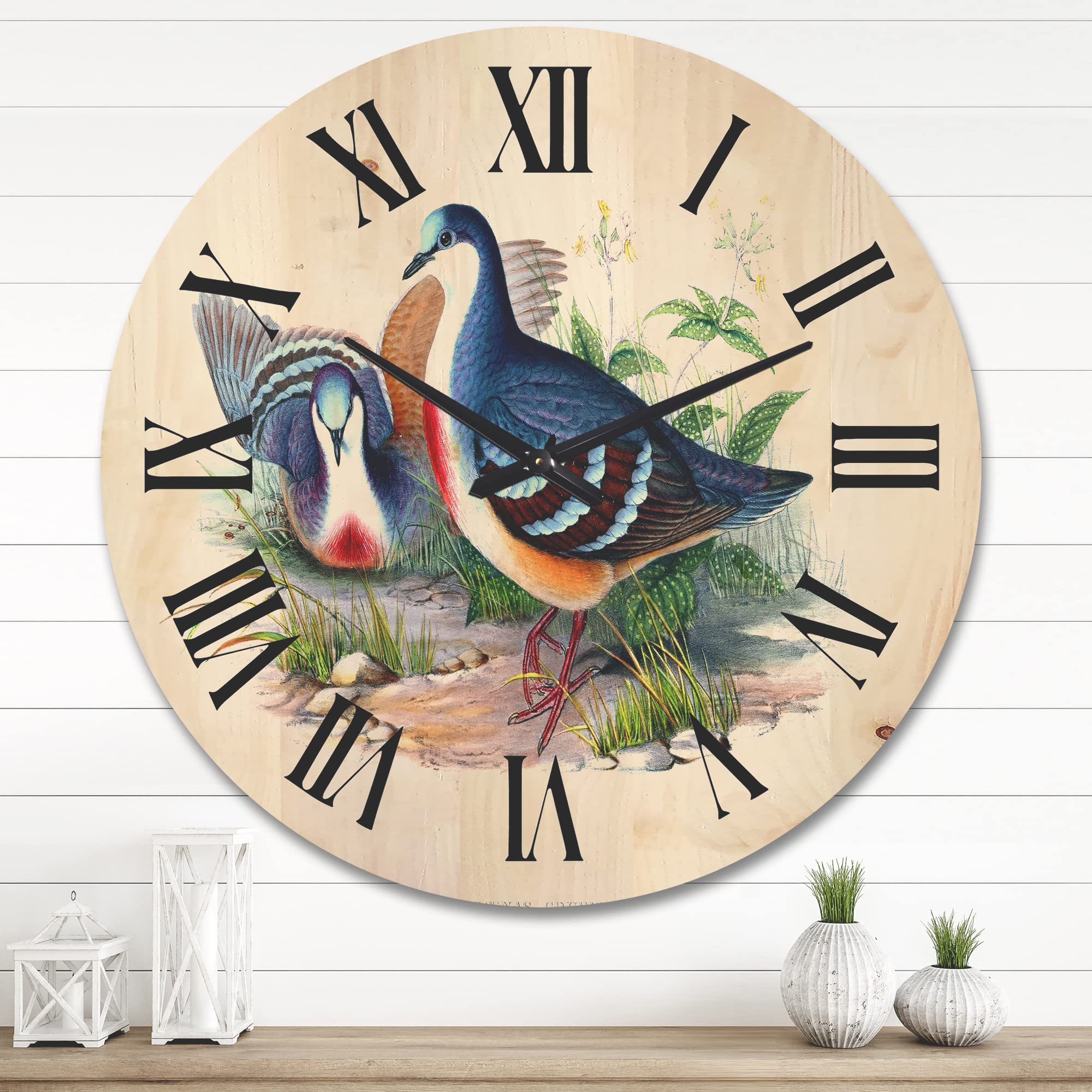 DesignQ 'Ancient Birds in The Wild IV' Large Traditional Wood Wall Clock - Oversized Decorative Animal Wall Clock for Living Room, Bedroom & Office Décor - Perfect for Home, Office & Gift Giving