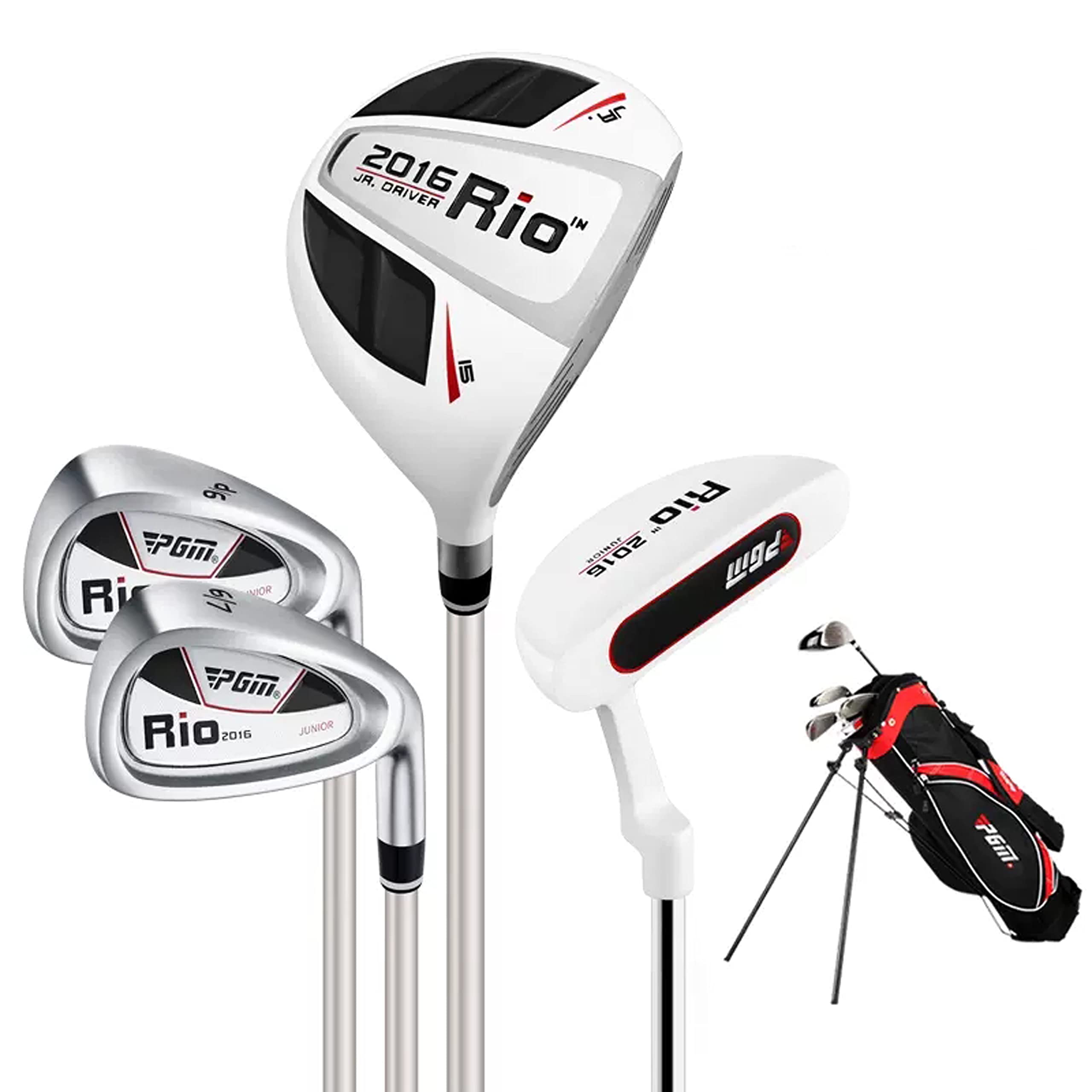 PGM Junior Golf Club Set for Kids - Right Handed Complete Set with 1 Wood, 2 Iron & Putter - Includes Stand Bag - Perfect for Boys & Girls Learning Golf - Ideal for Backyard Practice, Driving Range & Junior Tournaments