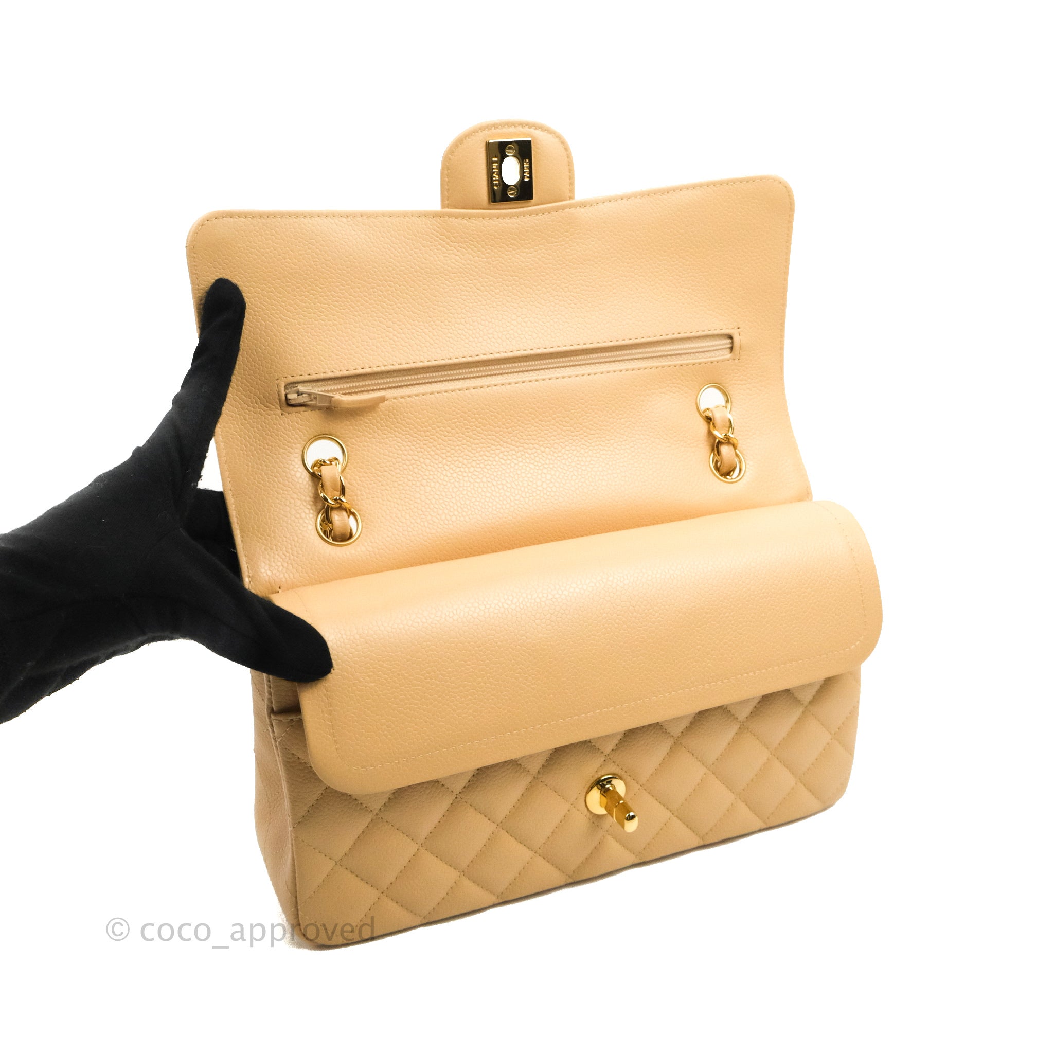 Chanel Classic Medium Flap Bag Quilted Beige Caviar Leather with Gold Hardware - Luxury Crossbody Purse for Women, Perfect for Work, Date Night & Special Occasions