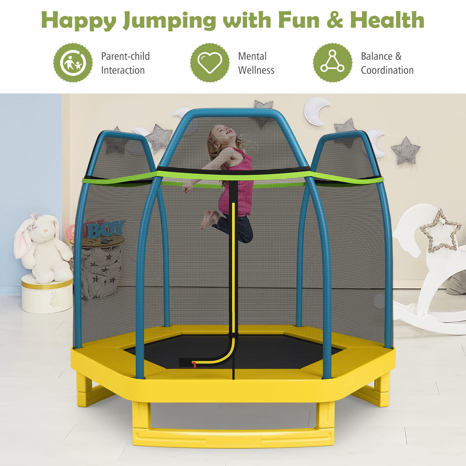 Giantex 7 Ft Trampoline for Kids with Safety Net - Heavy Duty Steel Frame Toddler Trampoline for Indoor & Outdoor Use - Perfect Gift for Boys & Girls Ages 3-8 - Backyard, Playroom, Birthday Party Fun