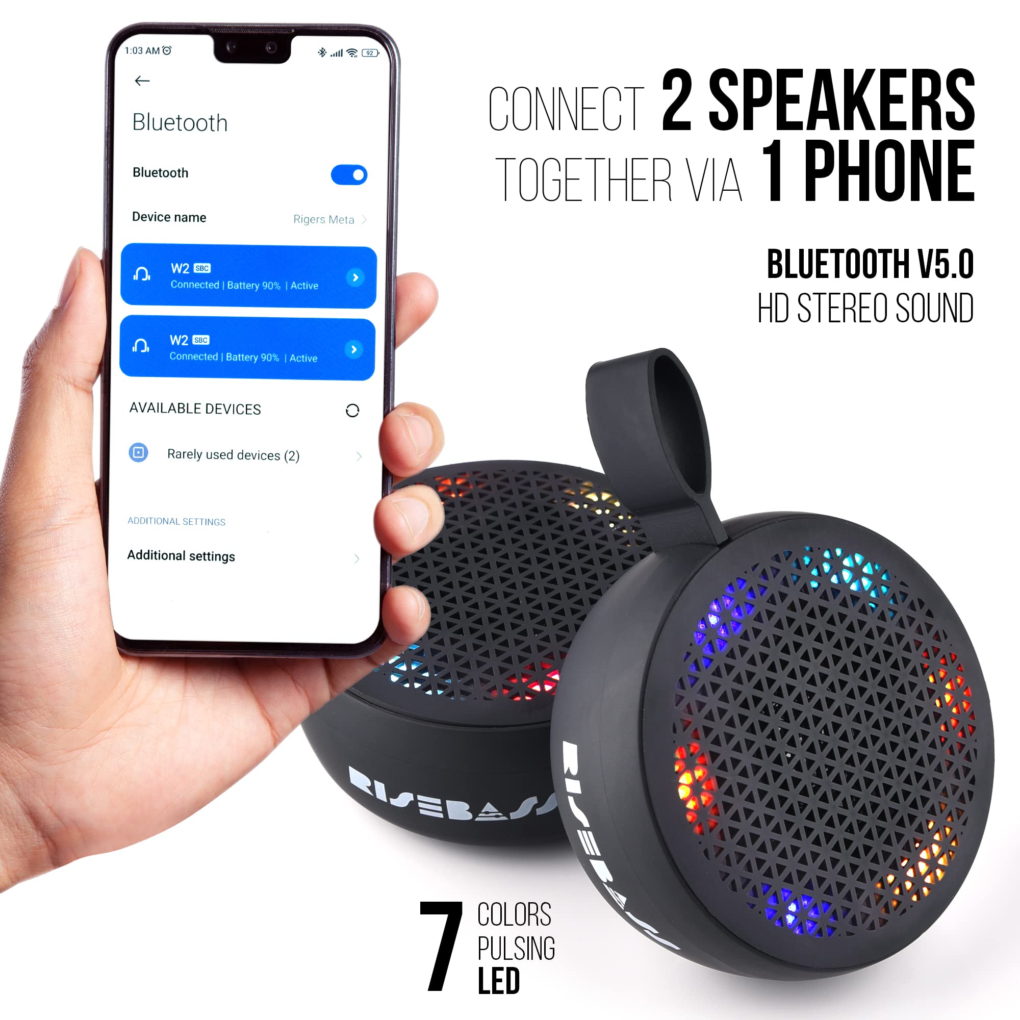 RISEBASS Waterproof Bluetooth Shower Speaker with LED Light - Portable Wireless Speaker with Hands-Free Calling, TWS Stereo Sound - Perfect for Bathroom, Kitchen, Outdoor Activities, Beach, Kayaking & Gifts (Black)