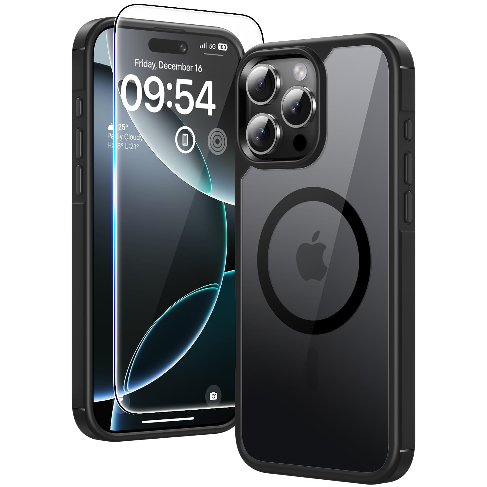 TAURI 3-in-1 Magnetic Case for iPhone 16 Pro [Military-Grade Protection] with 2 Screen Protectors [Magsafe Compatible] - Slim Fit 6.3 Inch - Black - Perfect for Work, Travel & Outdoor Activities