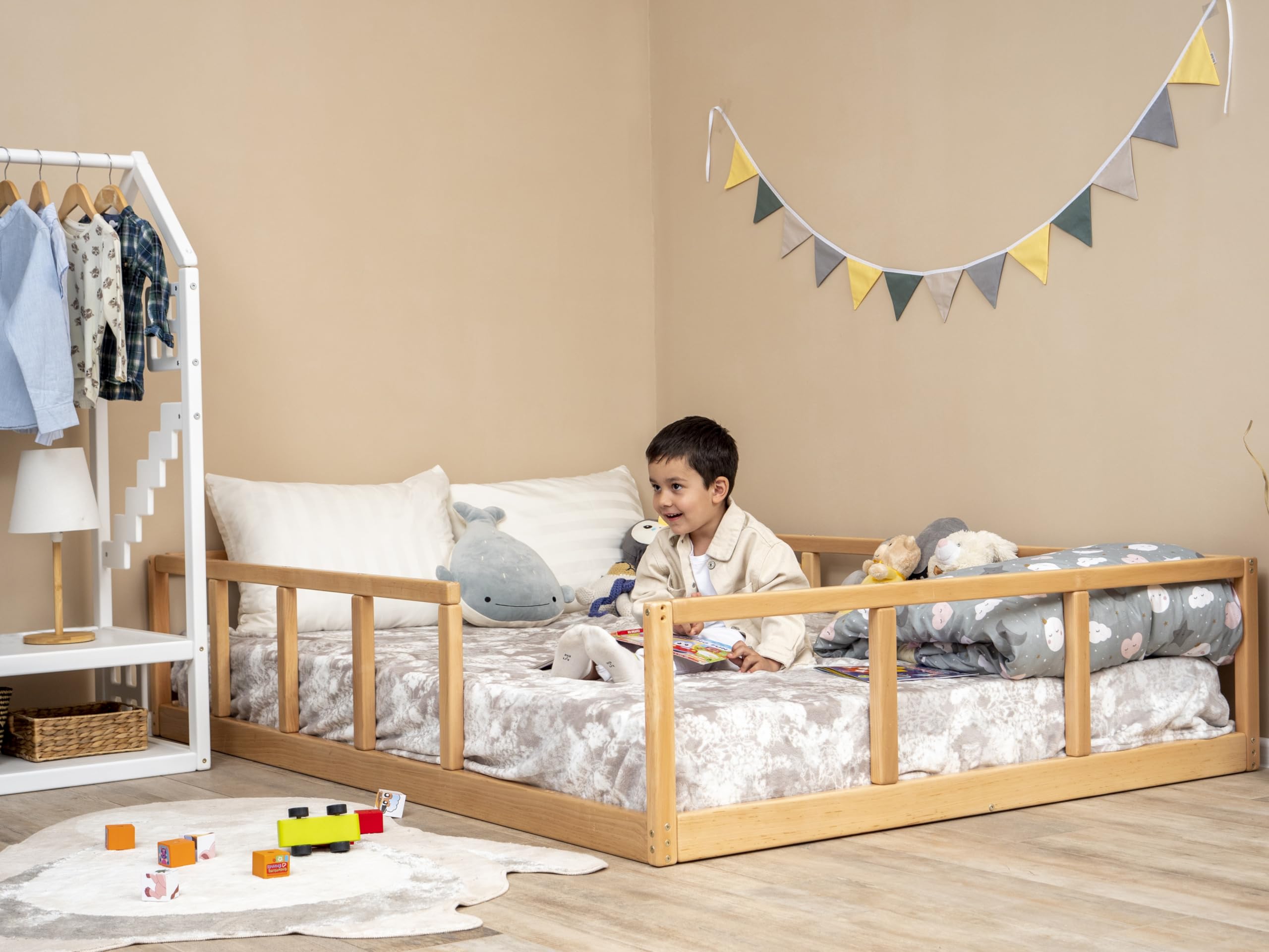 Montessori Toddler Floor Bed - Twin Size with Rails for Kids' Room & Play Area