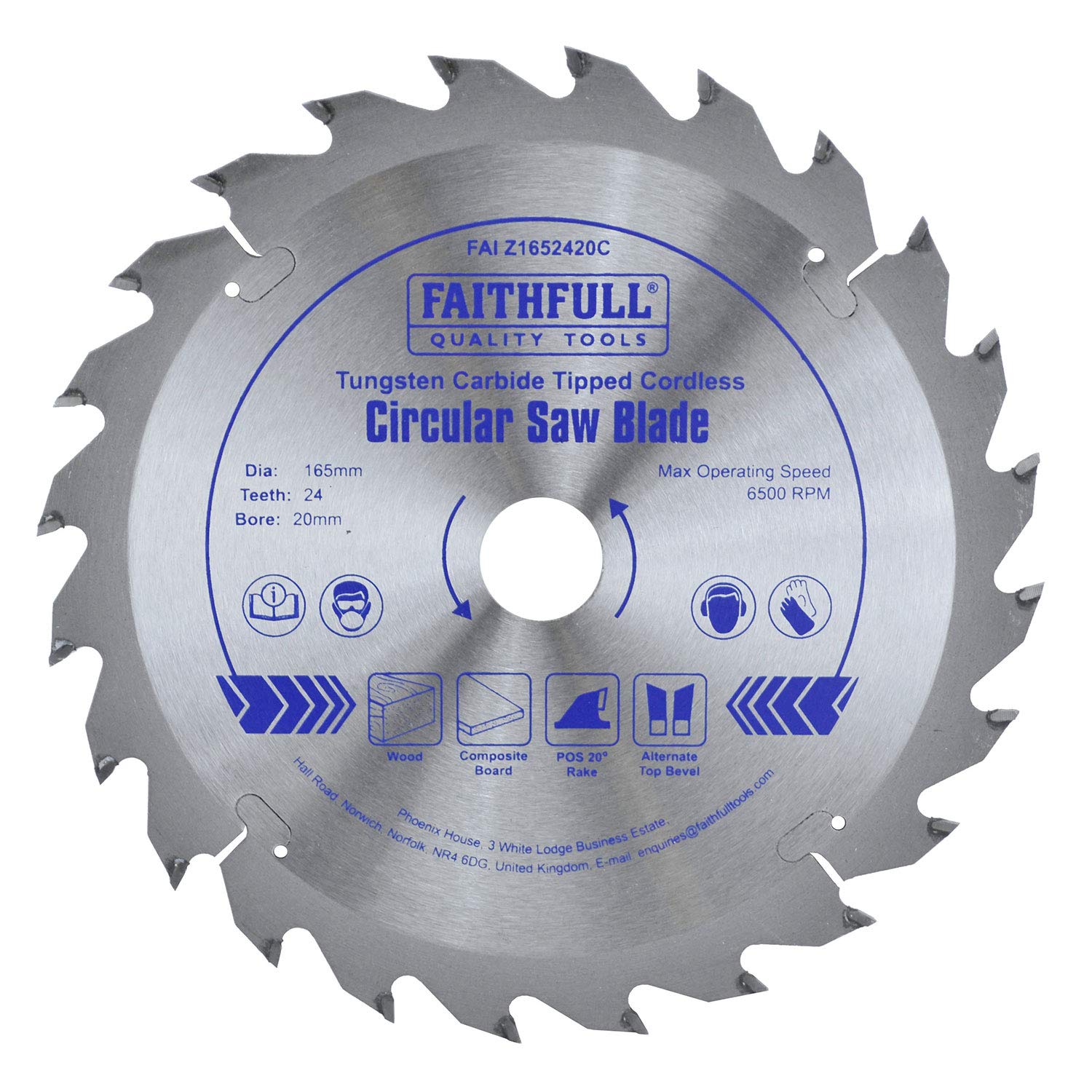 Faithfull FAIZ1652420C 165mm TCT Cordless Trimsaw Blade - 20mm Bore, 24 Teeth - Perfect for Woodworking, DIY Projects & Precision Cutting