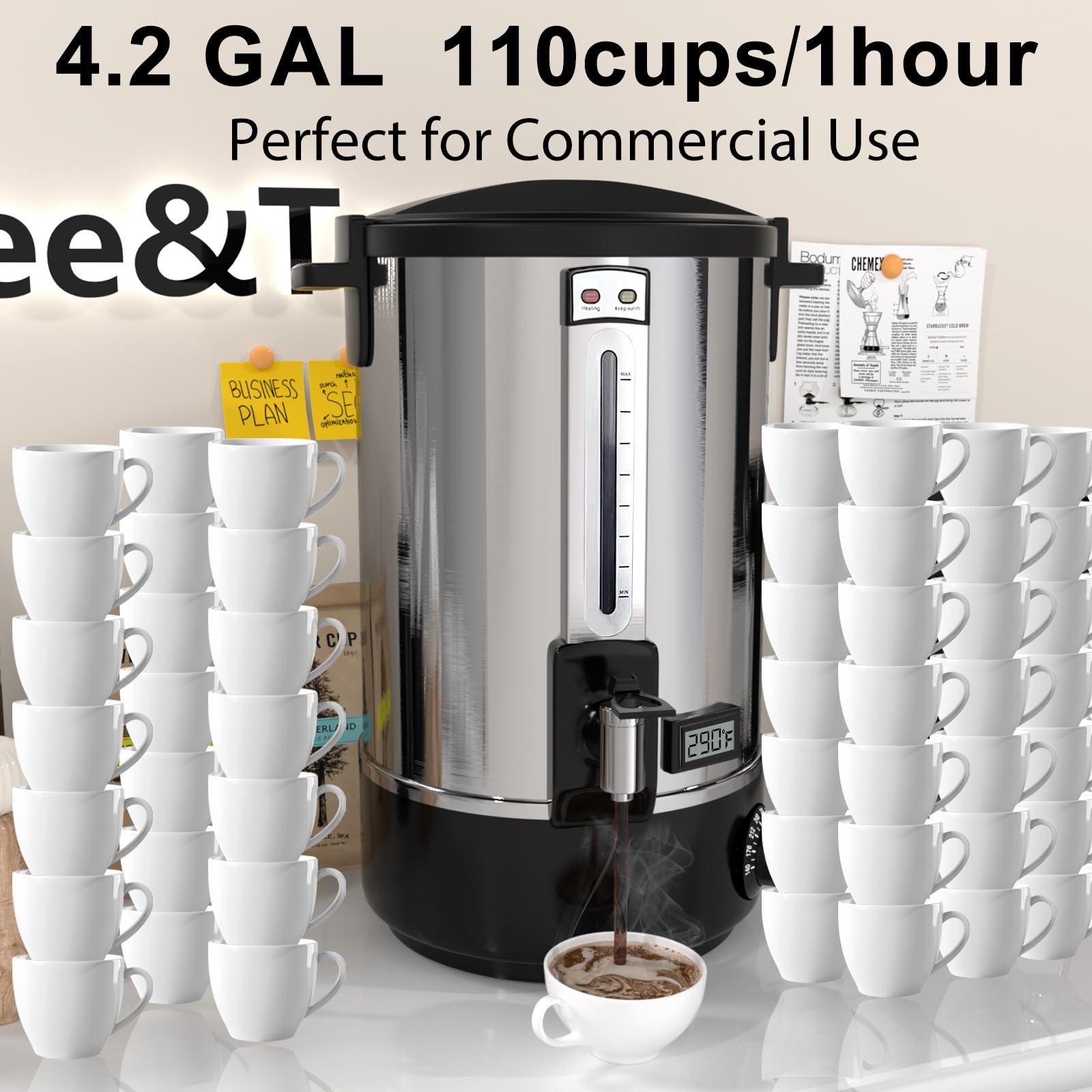 Commercial Grade 16.5L (110 Cups) Stainless Steel Electric Coffee Urn - Double Wall Insulated Large Coffee Dispenser for Catering, Events & Restaurants - Percolator Coffee Maker & Hot Water Dispenser for Parties, Weddings & Office Use