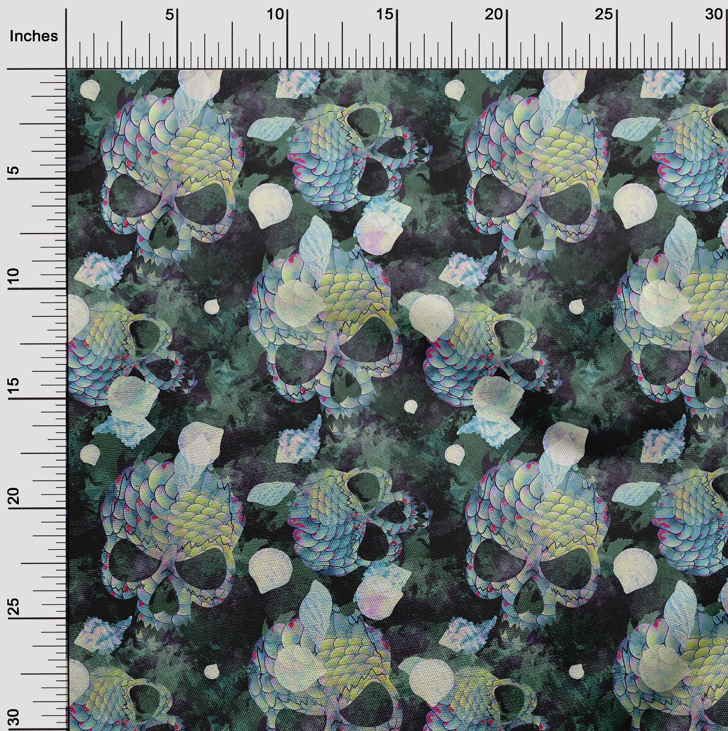 oneOone Cotton Flex Teal Green Skull Print Fabric by The Yard - 40 Inch Wide DIY Sewing Material for Clothing, Quilting & Crafts | Perfect for Halloween Costumes, Punk Fashion & Home Decor Projects