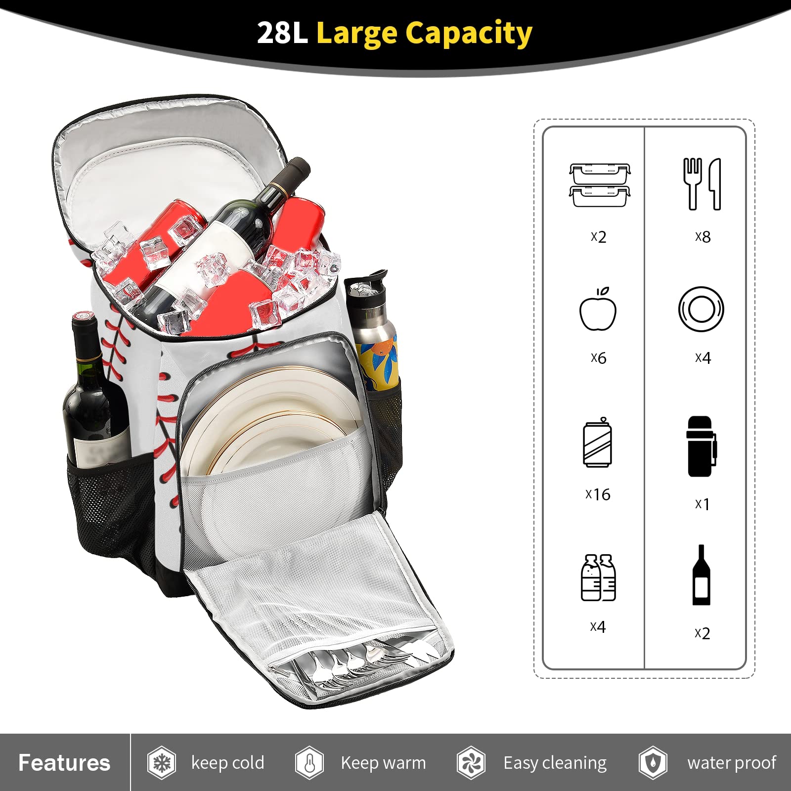 White Baseball Cooler Backpack - Insulated Leak-Proof 30 Can Capacity Waterproof Lightweight Soft Cooler Bag for Beach, Picnic, Hiking & Camping - Perfect for Men & Women Outdoor Activities