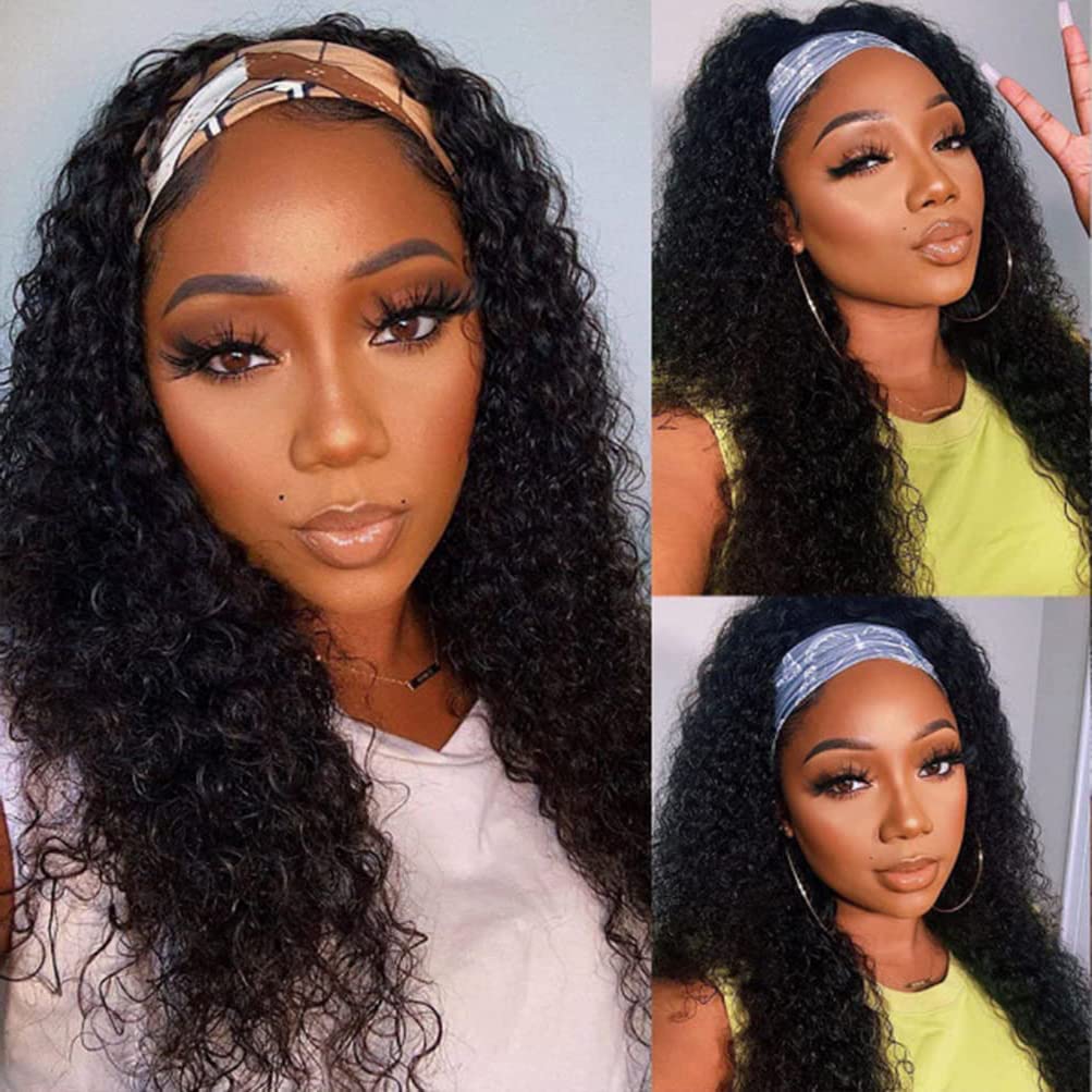 Rebasar Deep Wave Headband Wig - 26 Inch Brazilian Virgin Human Hair Curly Wig for Black Women | Glueless No Lace Front | 150% Density Natural Black | Perfect for Daily Wear, Parties & Protective Styling
