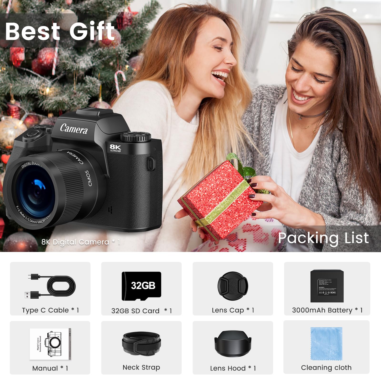 8K Digital Camera for Photography & Vlogging - 16X Zoom WiFi Touchscreen Camera with Autofocus, 3000mAh Battery, Dual Lens, 32GB TF Card - Perfect for YouTube Content Creation, Travel Vlogging & Professional Photography (Black)