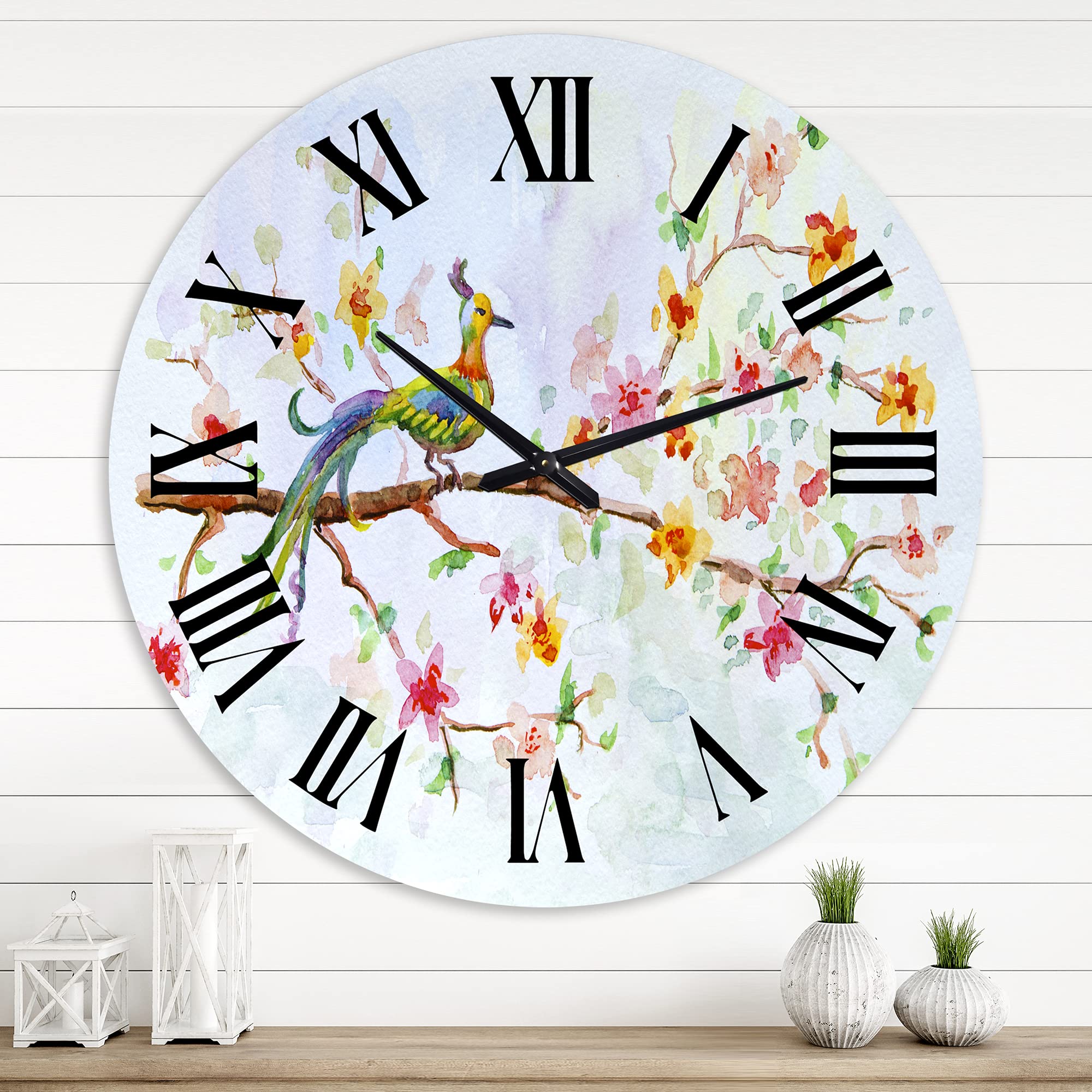 DesignQ Traditional Wall Clock - 'Little Bird on Blooming Branch' Large Decorative Clock for Bedroom, Living Room & Office | Vintage Home Decor, Silent Non-Ticking, Easy to Read