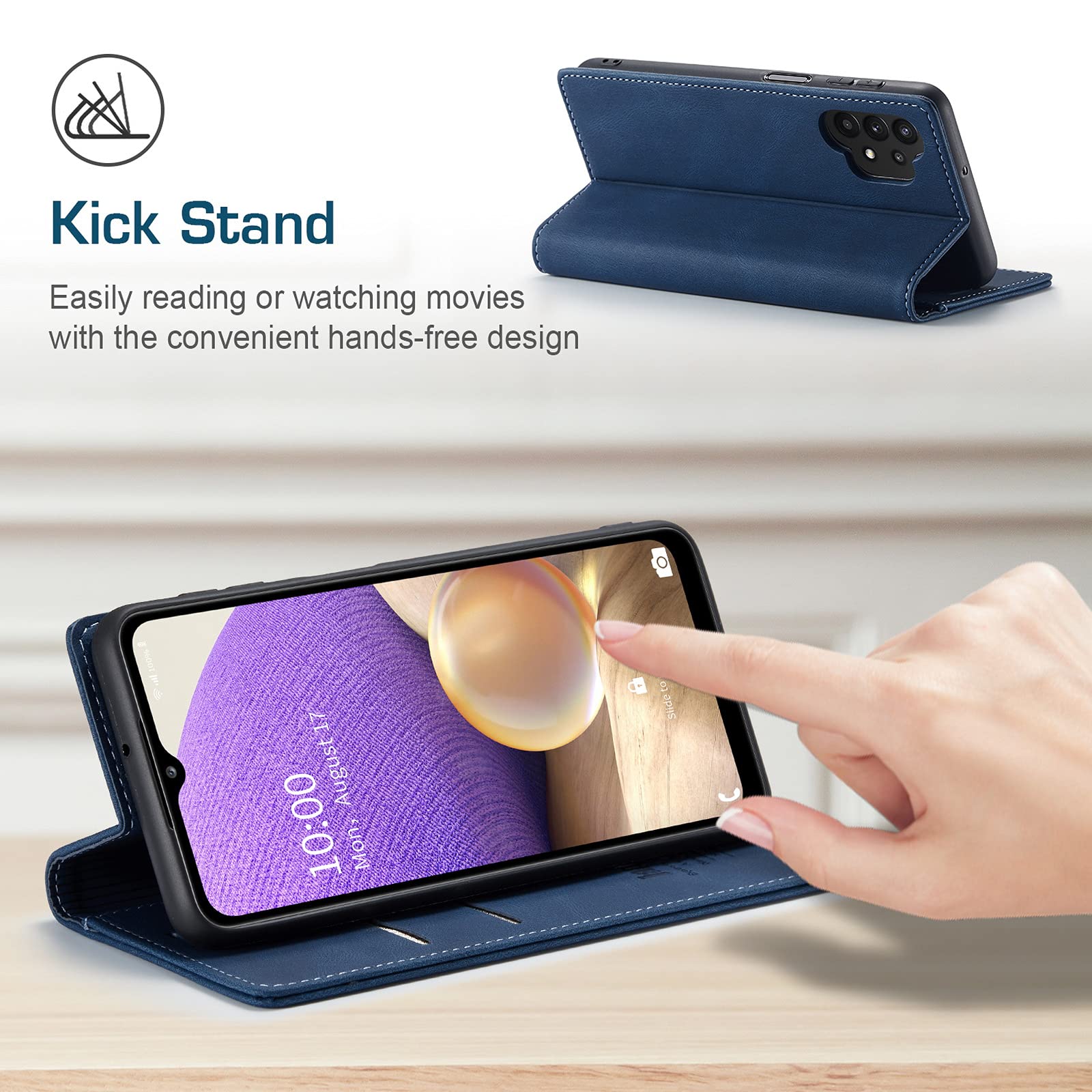 Samsung Galaxy A32 5G Wallet Case with RFID Blocking Card Holder & Kickstand - Magnetic Leather Flip Cover (Blue) - Perfect for Daily Commute, Travel & Hands-Free Viewing