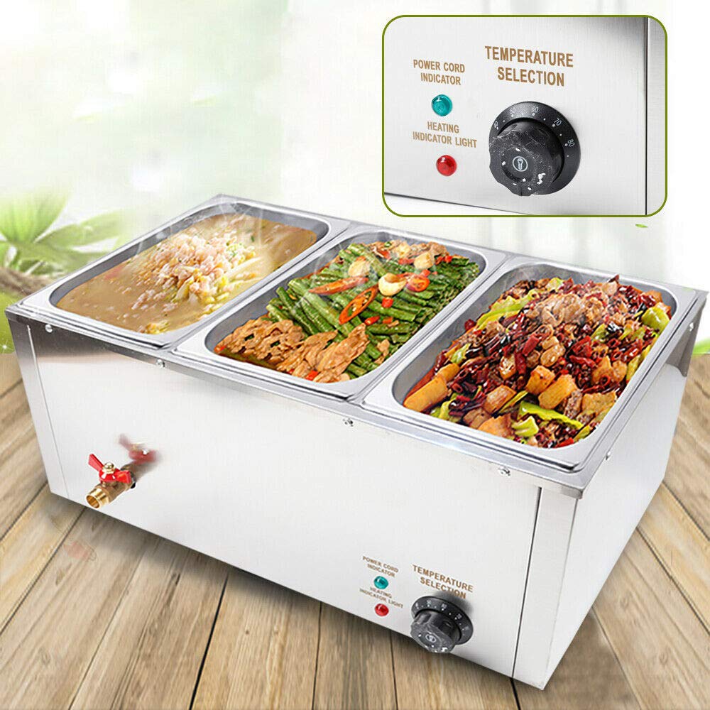 3-Pan Commercial Electric Food Warmer - 7L x 3 Stainless Steel Bain Marie with Lid - 110V 850W Buffet Warmer for Restaurants, Catering & Events - Keep Food Hot for Parties, Weddings & Banquets