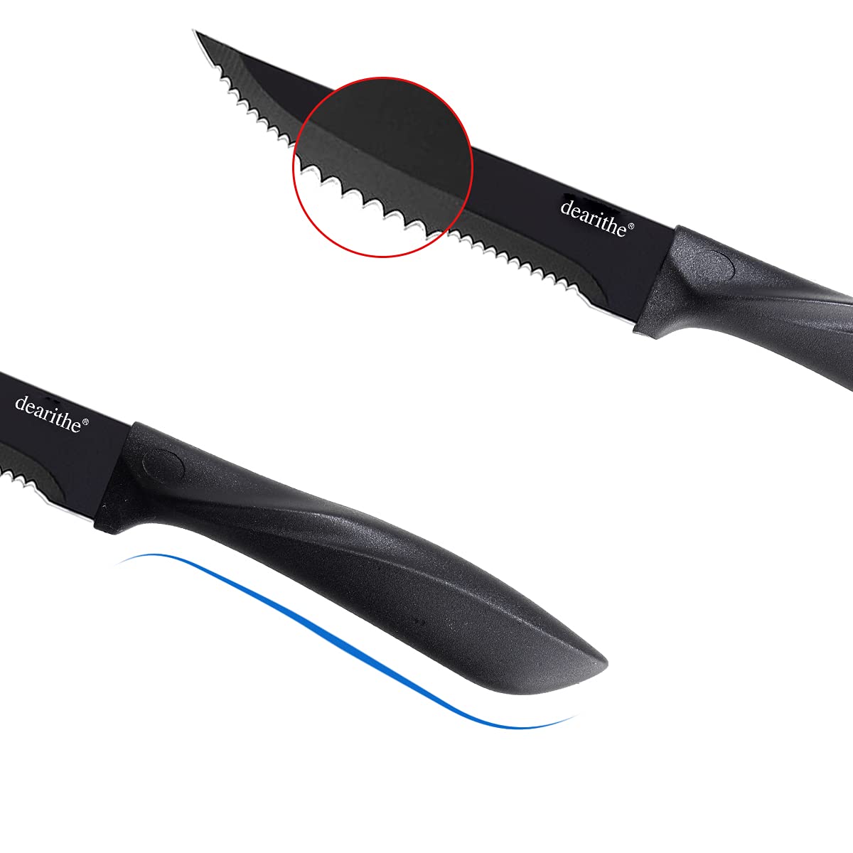 Premium 6-Piece Steak Knife Set - Black Serrated Stainless Steel Blades with Non-Stick Anti-Rust Coating (4.5 Inches) - Ideal for Restaurant, Kitchen, Camping & Outdoor Dining