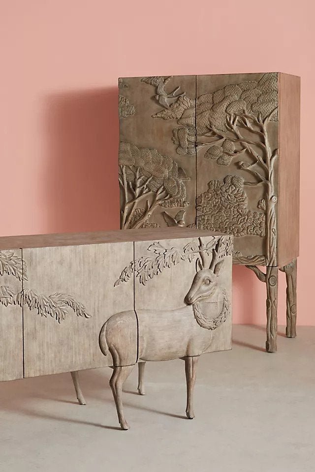 Hand Carved Wooden Bar Cabinet with Storage - Modern Liquor Cabinet for Home Bar, Living Room, or Dining Room - Perfect for Wine, Whiskey & Glassware Organization