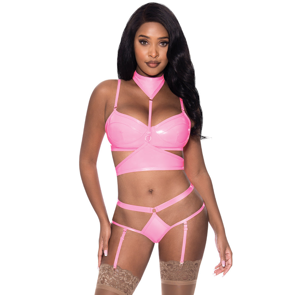 Sexy Wet Look Bra Set with Choker Harness & Gartered Cutout Panties - Lingerie for Women, Satin Fetish Outfit for Date Night & Boudoir Photography