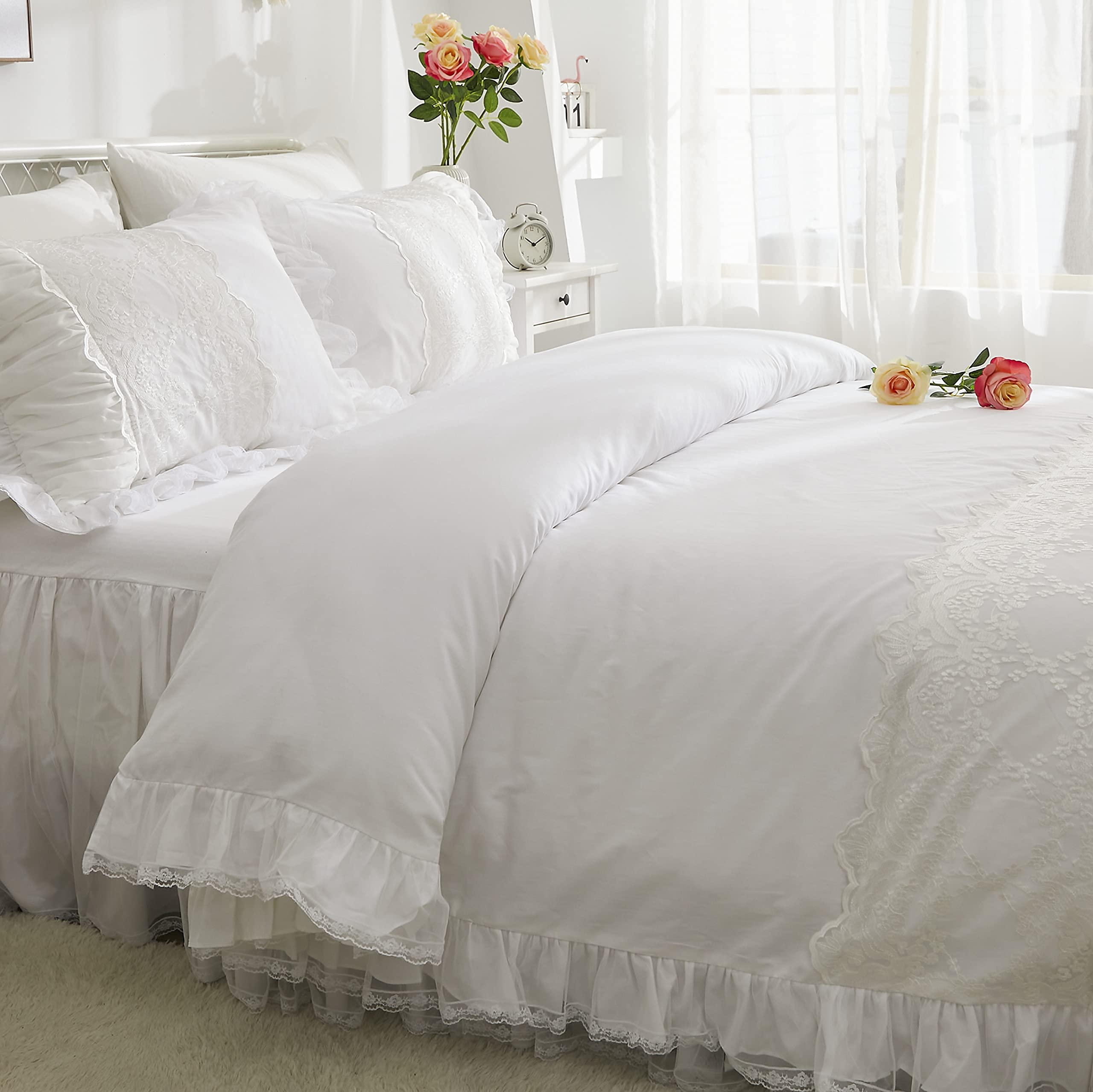 Softta 100% Cotton 600 TC Lace Duvet Cover Set - White Farmhouse Style 4-Piece Bedding with Ruffles (California King) | Boho Chic & Romantic Bedroom Decor for Master Bedroom, Guest Room, or Vacation Home