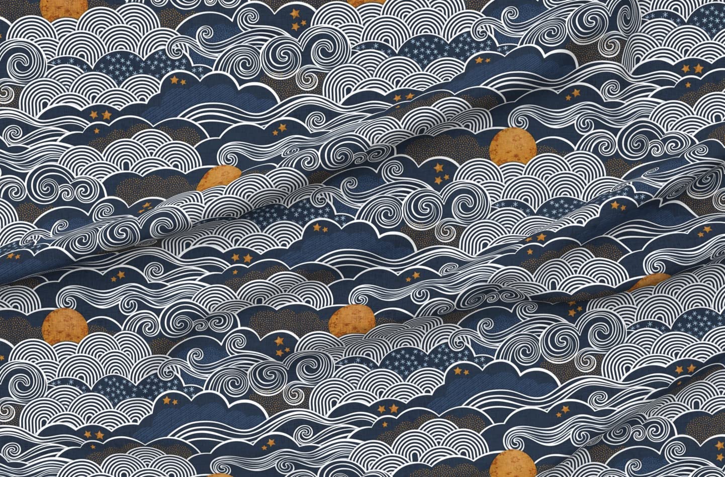 Night Sky Clouds Gold Stars Printed Organic Cotton Sateen Fabric by The Yard - Sewing, Quilting, Apparel & Home Decor - Perfect for DIY Projects, Dresses, Curtains and Bedding