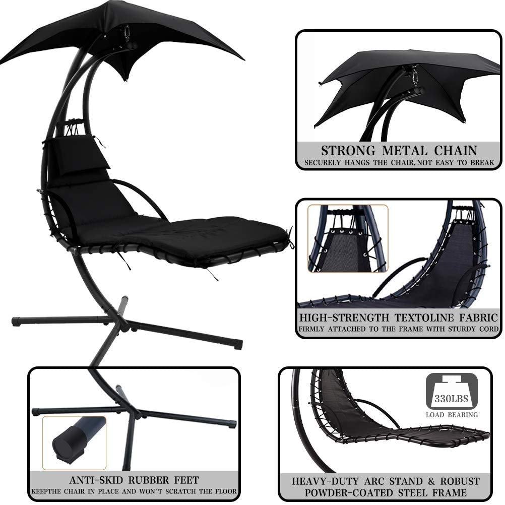 Black Hanging Chaise Lounger - Outdoor Patio Swing Chair with Adjustable Canopy & Arc Stand for Porch, Garden, Poolside Relaxation | Perfect for Napping, Reading & Sunbathing Indoors & Outdoors