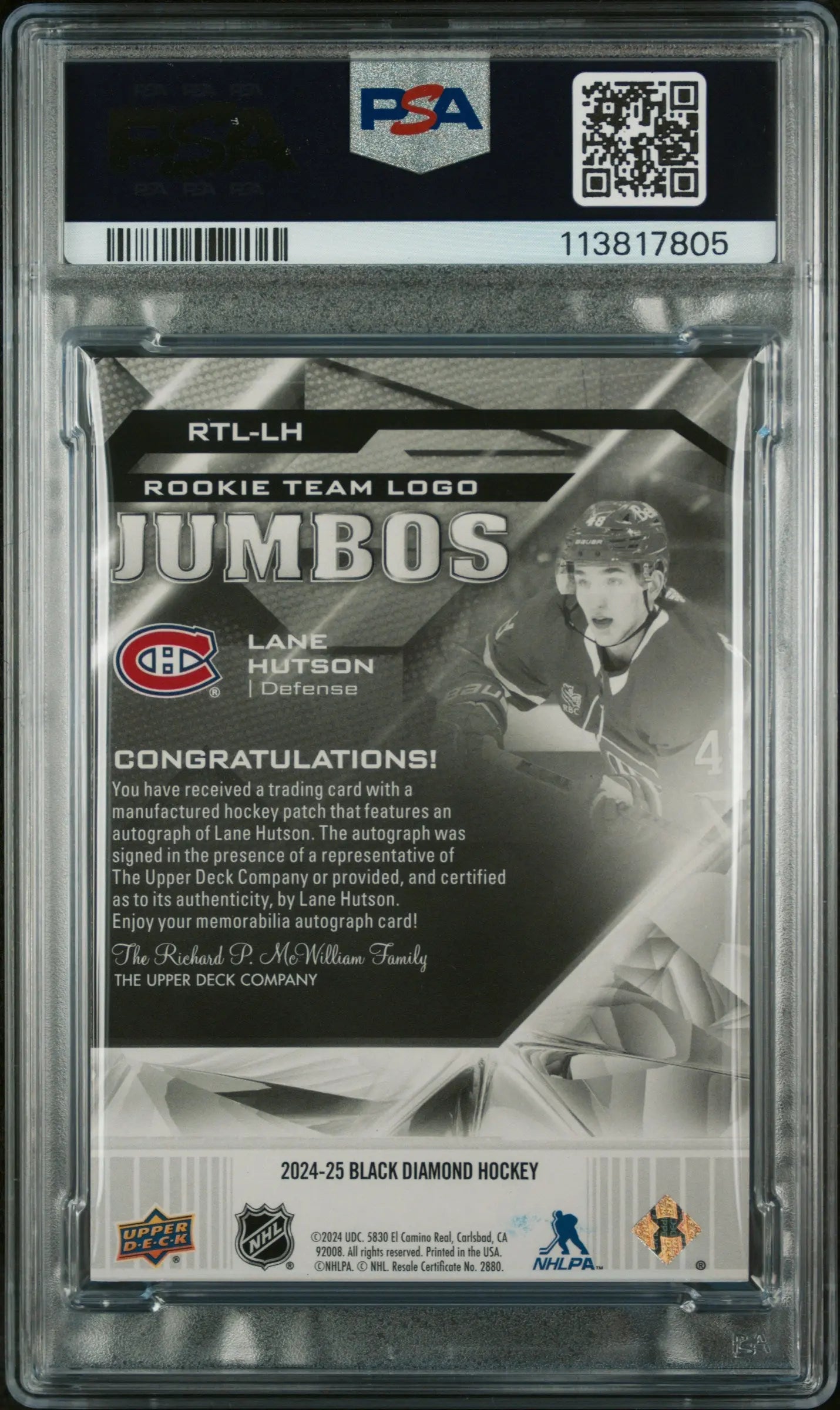 2024 UD Black Diamond Rookie Team Logo Jumbo Patch Auto Lane Hutson PSA 8 /99 - Rare Hockey Trading Card for Collectors & Investors - Perfect for Sports Memorabilia Displays & Auctions