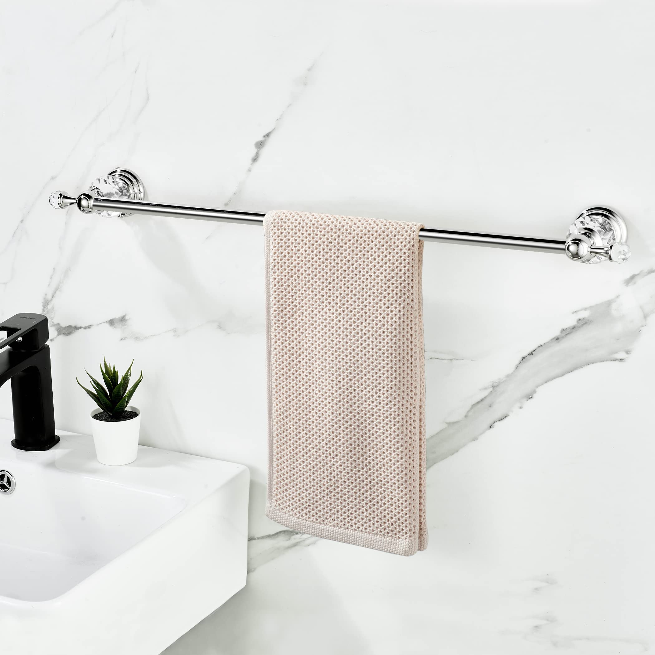 24 Inch Chrome Towel Bar - Adjustable Crystal Bathroom Towel Rack with Wall Mount, Modern Silver Single Towel Holder for Shower, Spa & Luxury Bathroom Decor