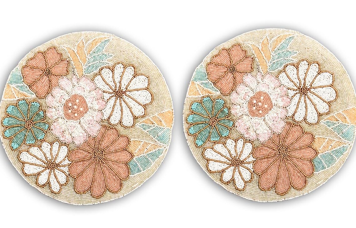 Handmade Floral Beaded Placemats Set of 4 - 13x13 Inch Summer Table Mats & Designer Charger Plates for Dining Table Decor, Wedding, Party & Home Decor
