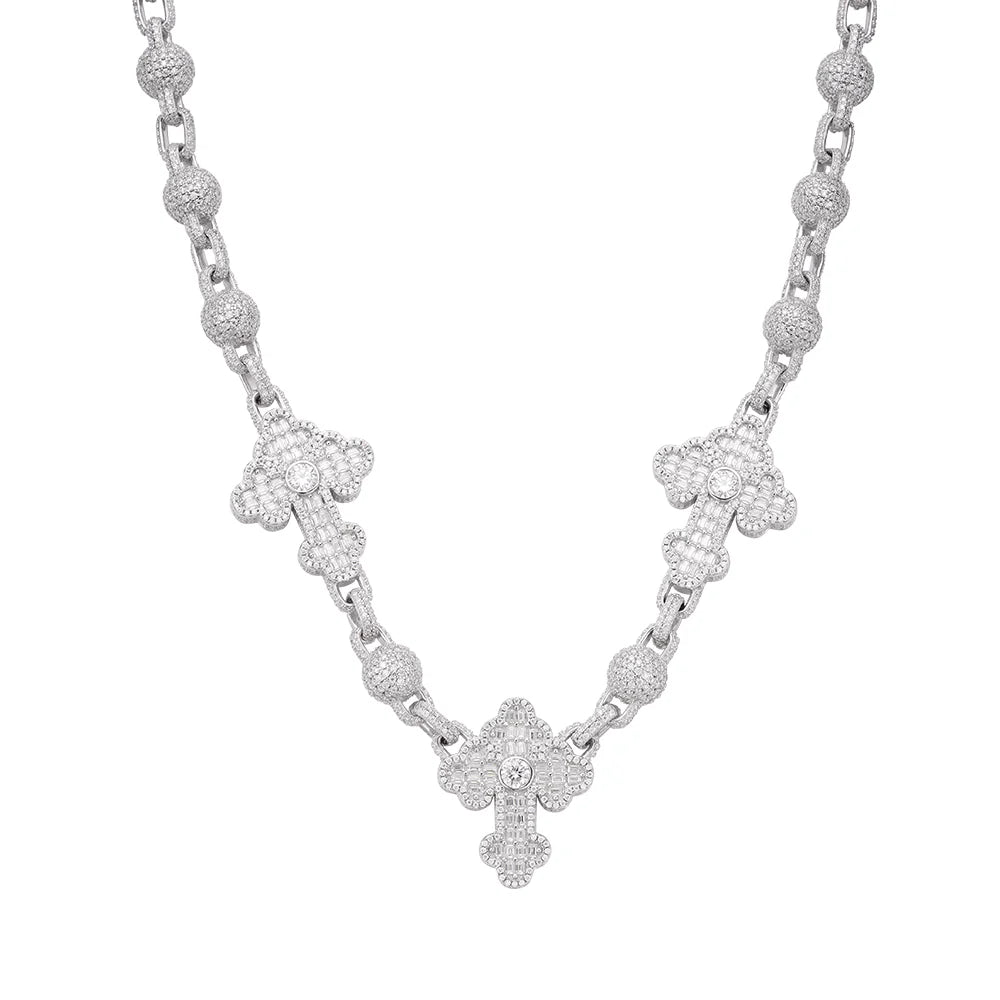 Moissanite Bead Cross Rosary Chain Necklace - Silver Baguette Cut Gemstone Catholic Jewelry for Women - Perfect for Prayer, Church, Weddings & Special Occasions