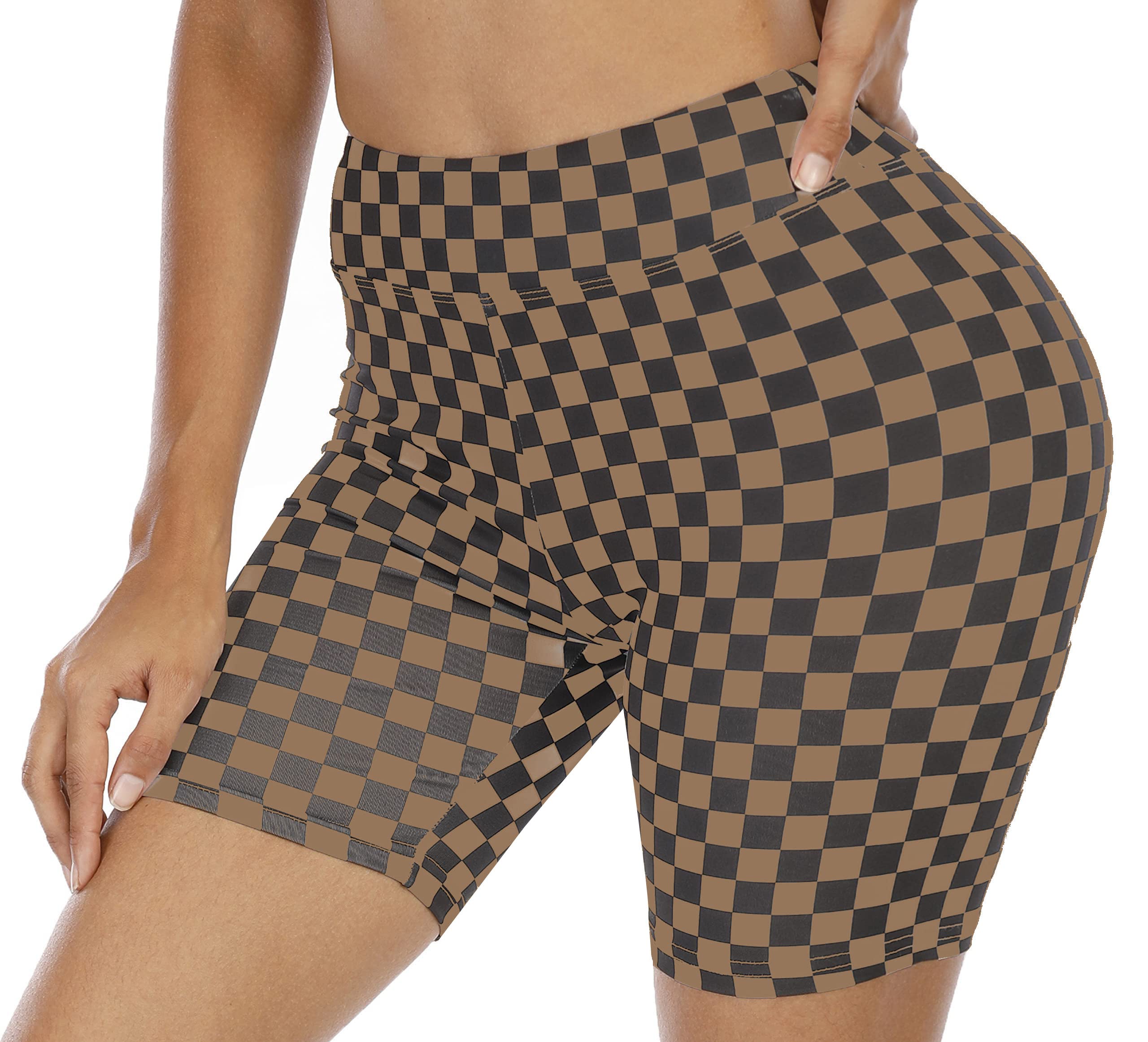 WSPLYSPJY High Waist Biker Yoga Shorts for Women - Black & White Checkered Athletic Running Workout Shorts | Perfect for Yoga, Gym, Cycling & Casual Wear