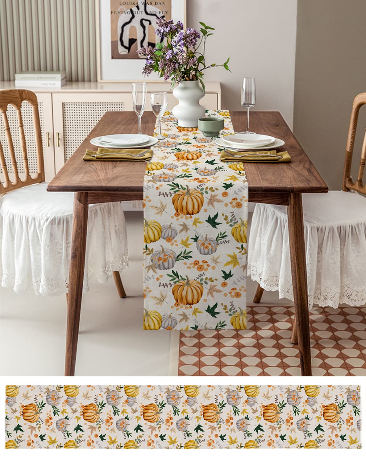 72 Inch Cotton Linen Table Runner - Thanksgiving & Fall Farmhouse Decor for Dining Table, Coffee Table, Dresser | Rustic Burlap with Pumpkin & Maple Leaf Design | Perfect for Wedding, Party & Home Decoration