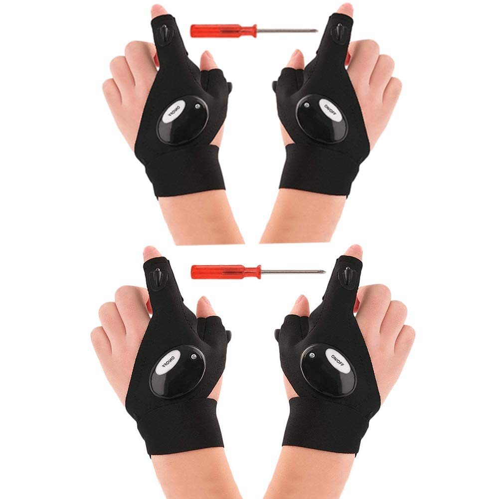 CHIALSTAR LED Flashlight Gloves - 2 Pair Black Hands-Free Light Gloves for Car Repair, Night Fishing, Camping & Outdoor Activities - Perfect for Mechanics, Anglers & Hikers