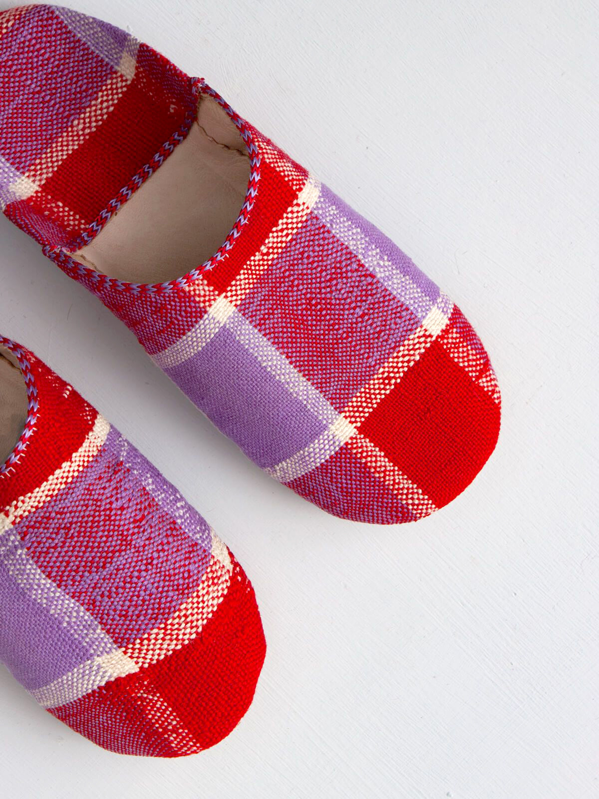 Authentic Moroccan Boujad Babouche Slippers - Handmade Leather Red & Lilac Checkered Pattern | Comfortable House Shoes for Women & Men | Perfect for Home, Lounge & Cultural Events