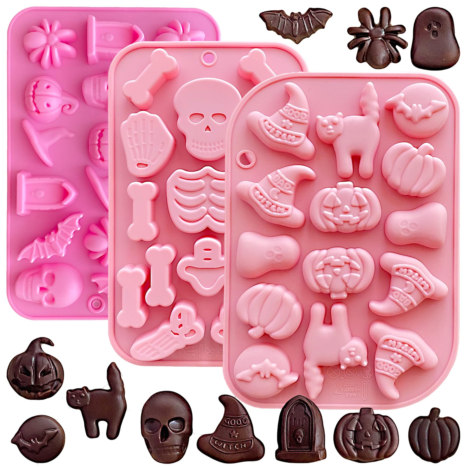 Halloween Silicone Baking Molds 3-Pack - Pumpkin, Skull, Skeleton, Ghost & Bat Chocolate Candy Molds for Cake Decorating - Perfect for Halloween Party Cupcake Toppers & DIY Treats