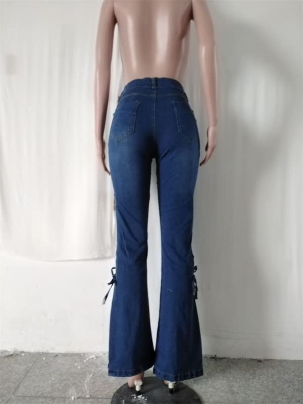 Andongnywell Women's Lace-Up Flare Bell Bottom Jeans - Mid Waist Wide Leg Bootcut Denim Pants with Pockets | Casual Wear, Retro Style, 70s Fashion Outfit