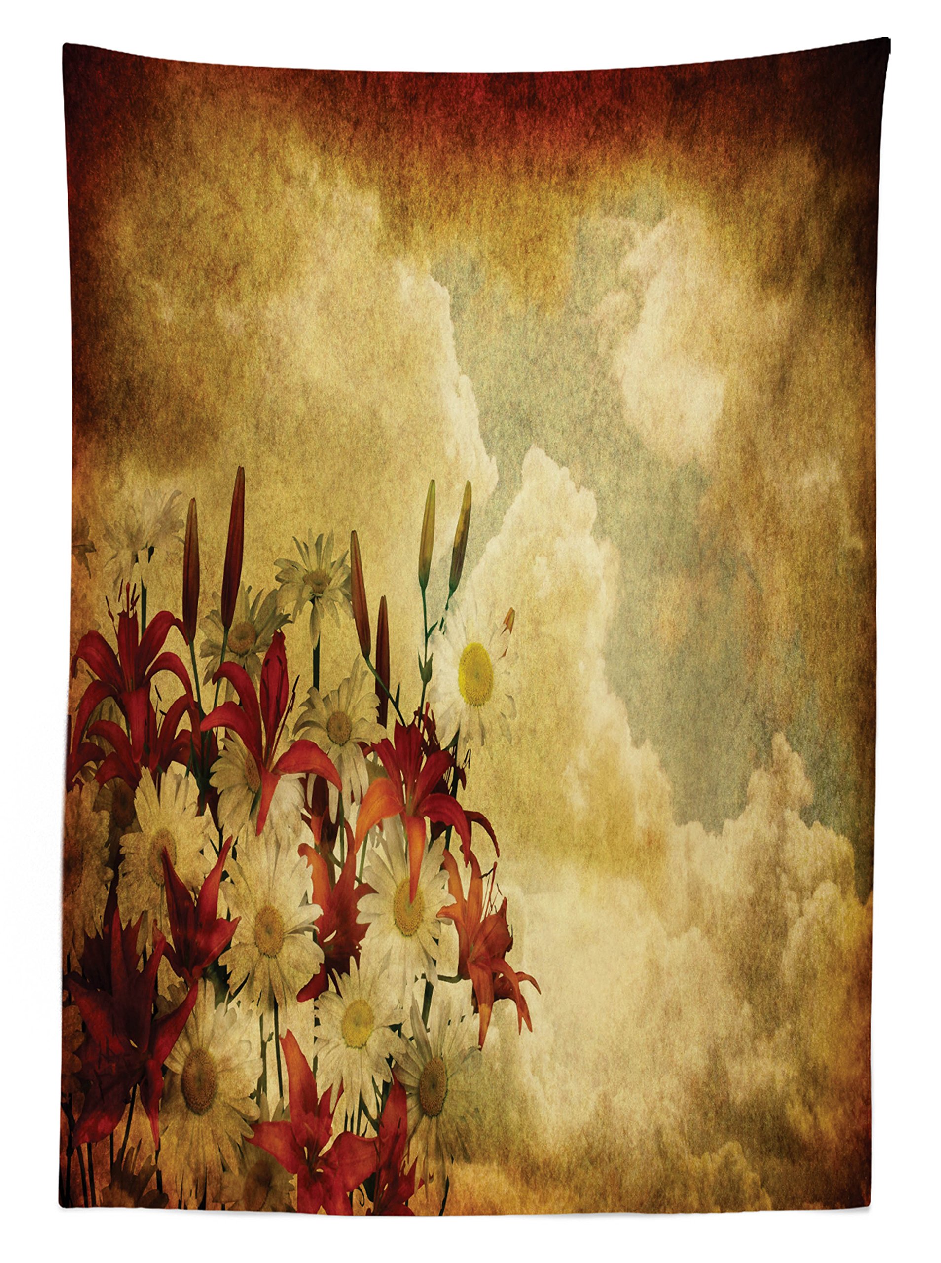 Ambesonne Burnt Orange Outdoor Tablecloth - Double Exposure Retro Floral Cloud Design, Washable Picnic Table Cover 58x120 Inches - Perfect for Garden Parties, BBQs, and Outdoor Dining (Tan Orange)
