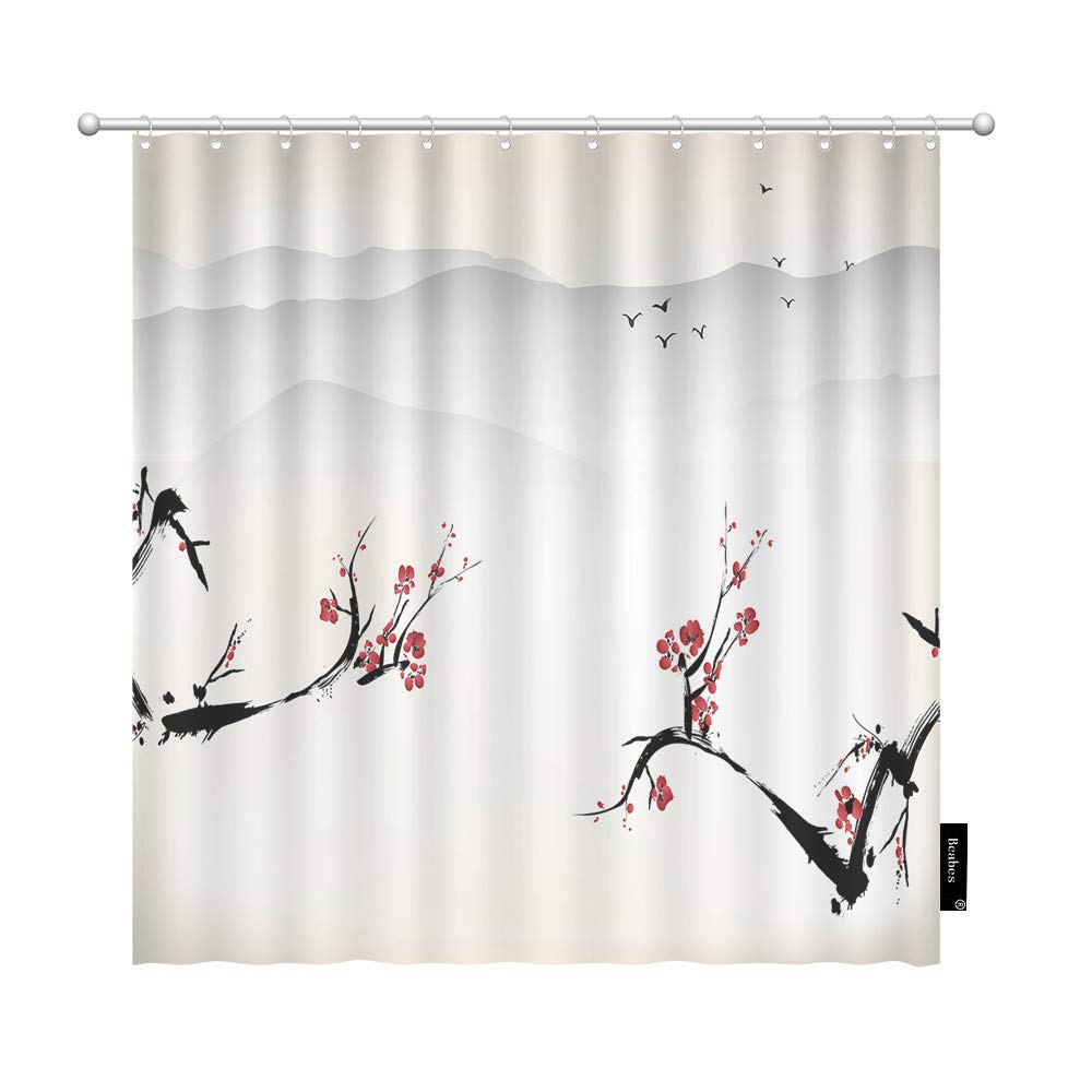 Beabes Plum Blossom Winter Nature Shower Curtain - Chinese Painting Design with Snow, Clouds & Wild Goose Mountain - 72x84 Inch Polyester Fabric Bathroom Decor for Men & Women - Perfect for Cozy Winter Bathrooms and Asian-Inspired Home Decor