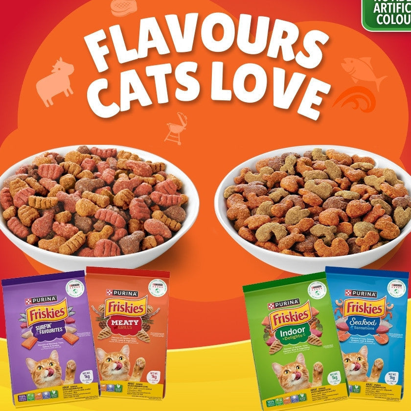 Friskies Cat Dry Food - Meaty Grills & Seafood Flavor, 1kg & 2.5kg Bags - Nutritious Indoor Cat Food for Daily Meals & Treats - Perfect for Adult Cats & Kittens